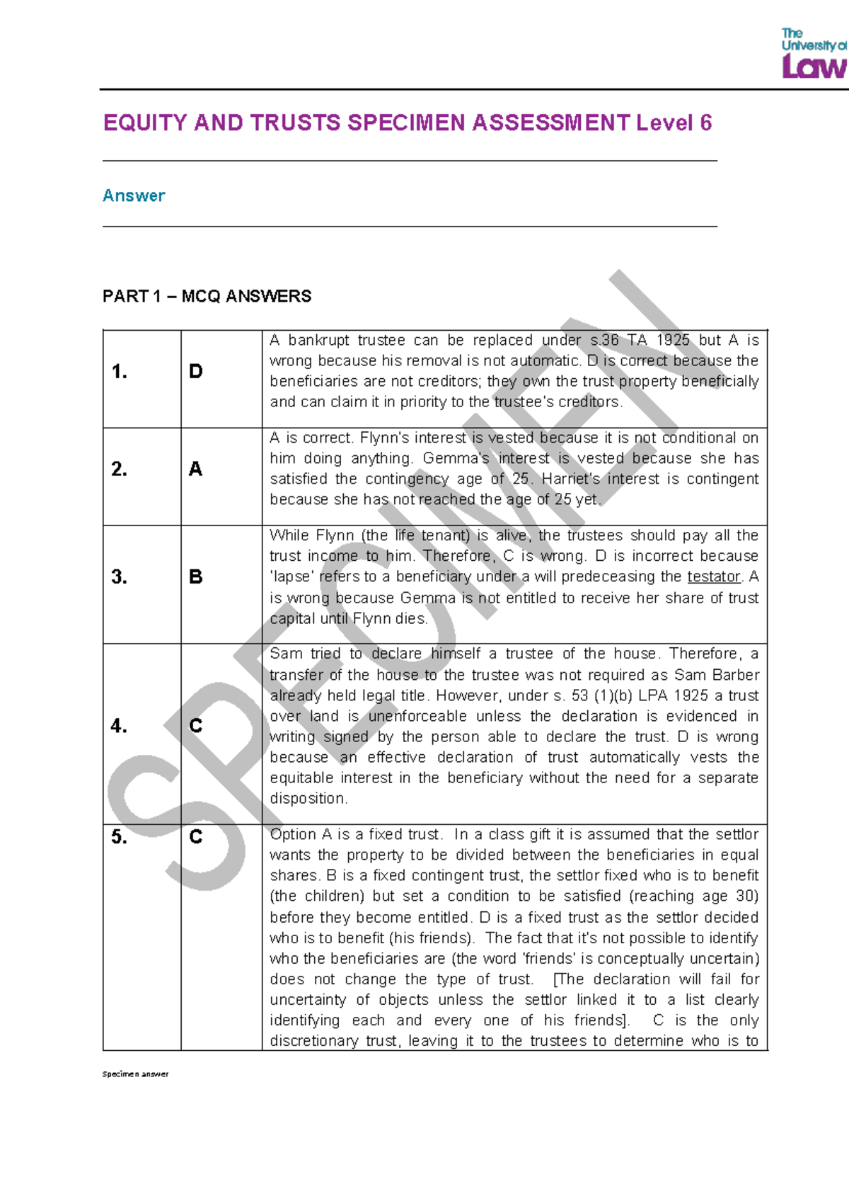 EQUITY AND TRUSTS Level 6 Specimen Assessment Answers - Studocu