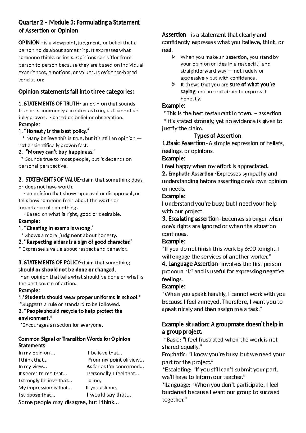 Q2 M3: Formulating Assertions & Opinions - Key Concepts and Examples ...