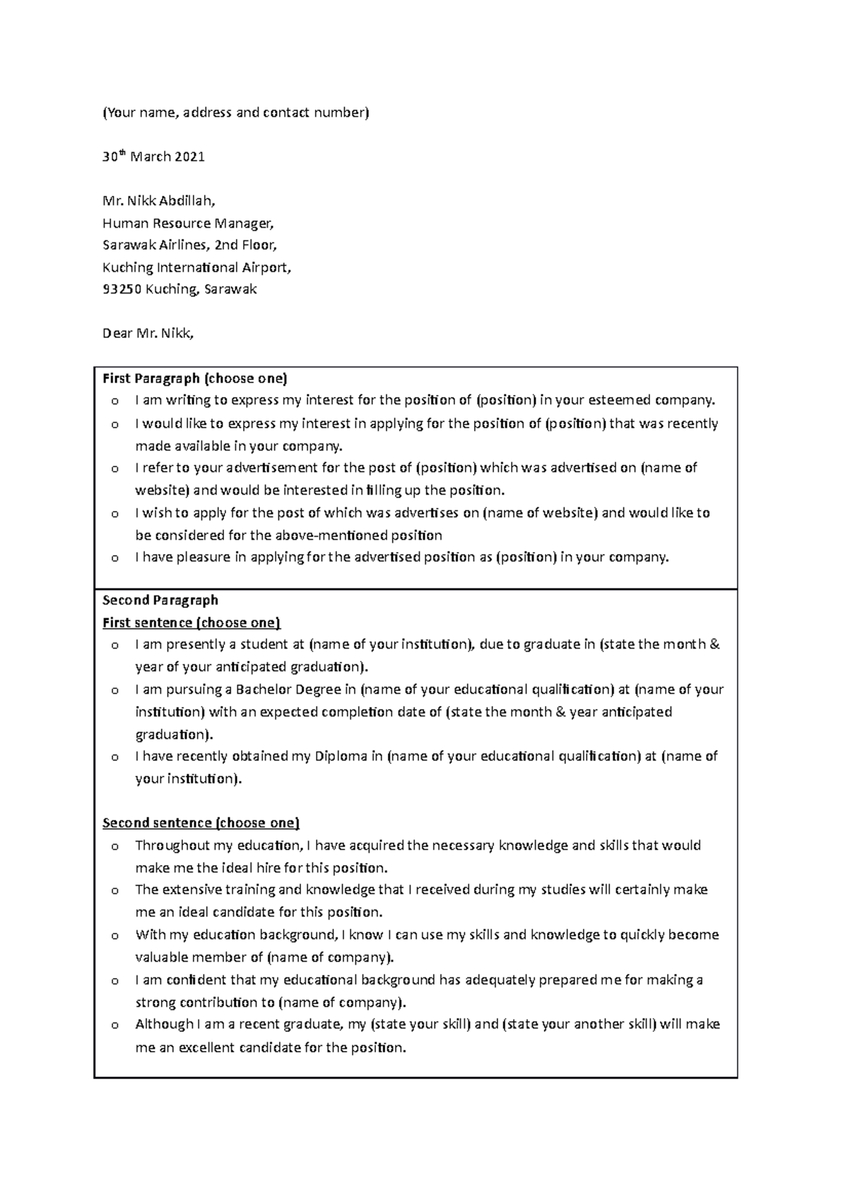 EBF1303 Cover Letter Format Guide for Job Applications - Studocu