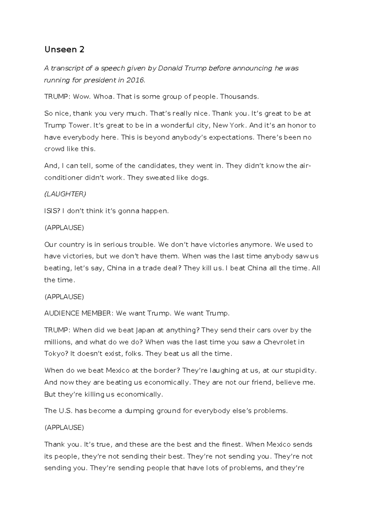 Trump's 2016 Presidential Announcement Speech Transcript - Studocu