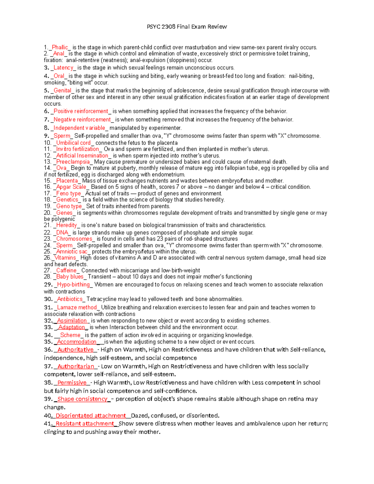 PSYC 2308 Final Exam Study Guide: Key Concepts and Stages - Studocu