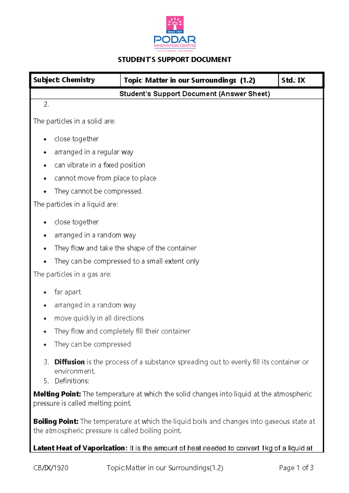 CB/IX/1920 Matter in Our Surroundings: A Support Document for IX ...