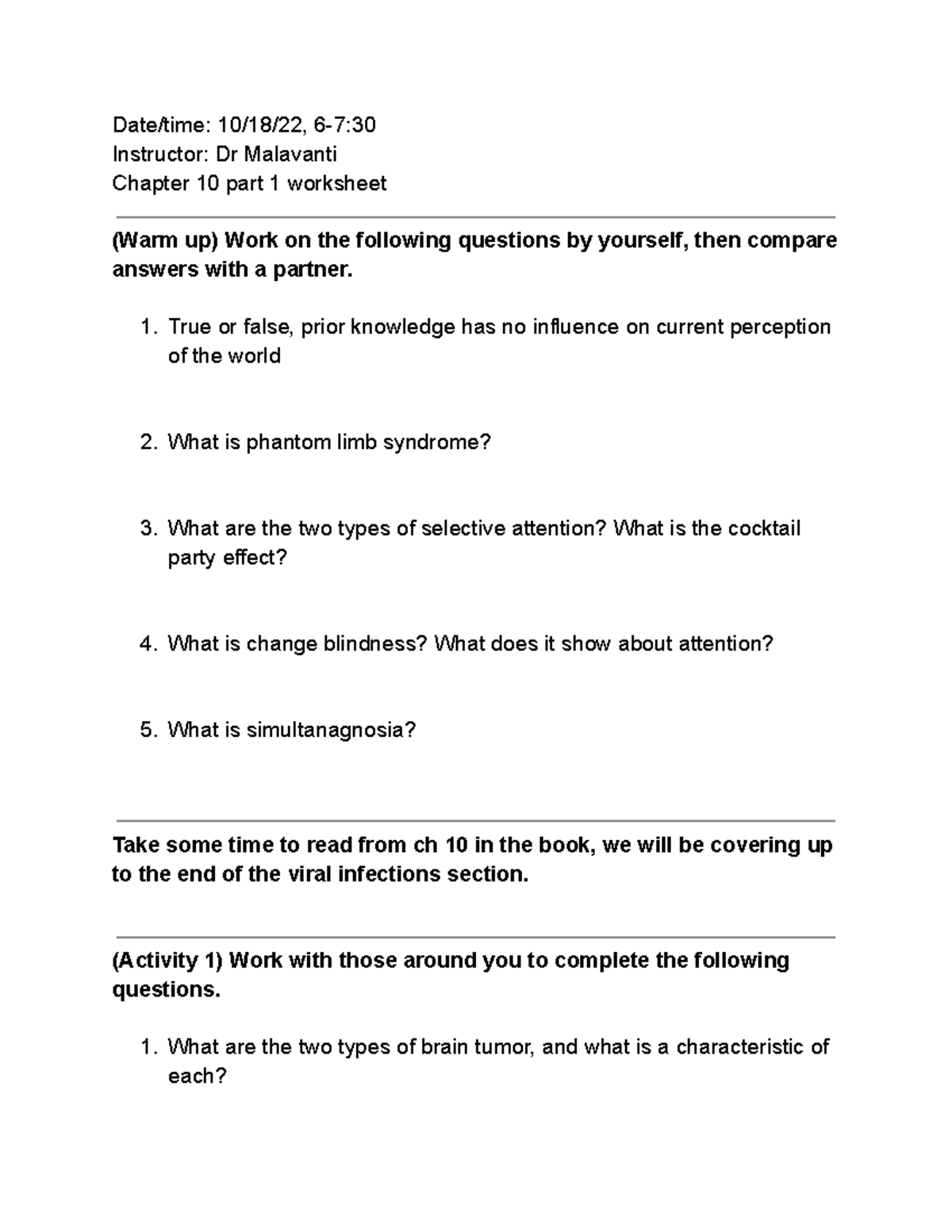 Chapter 10 part 1 Worksheet - Date/time: 10/18/22, 6-7:30Instructor: Dr ...