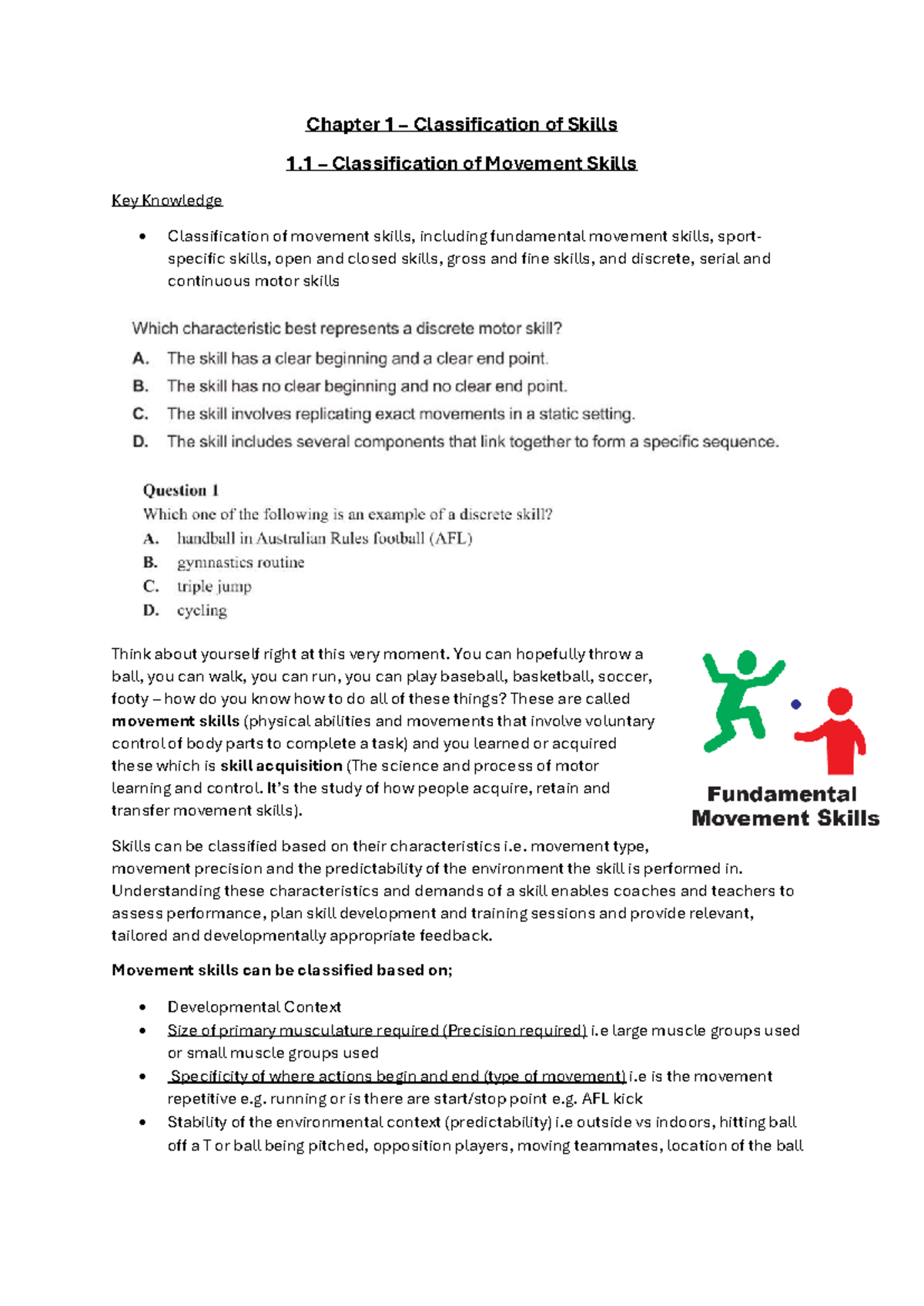 Chapter 1: Classification of Movement Skills - 2026 Notes - Studocu