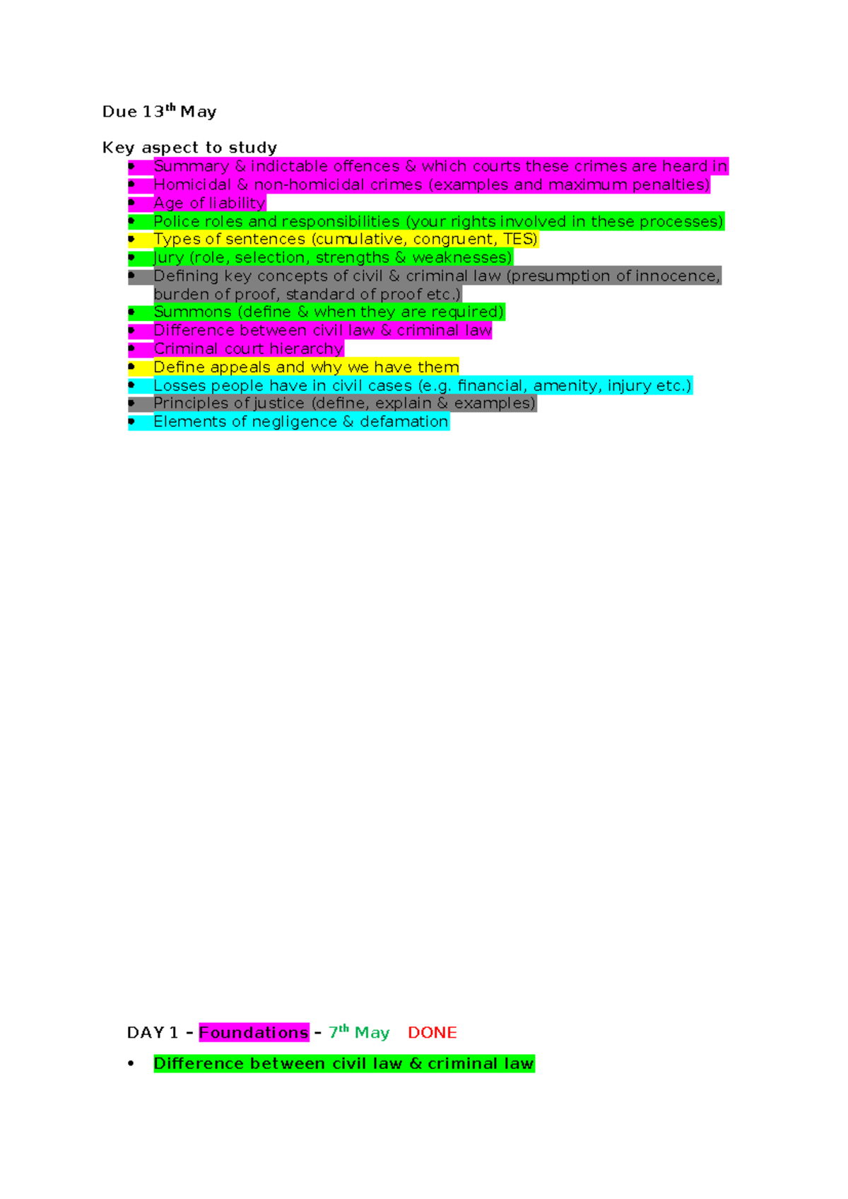 C&L Study Guide: Key Concepts in Criminal & Civil Law (Due 13th May ...