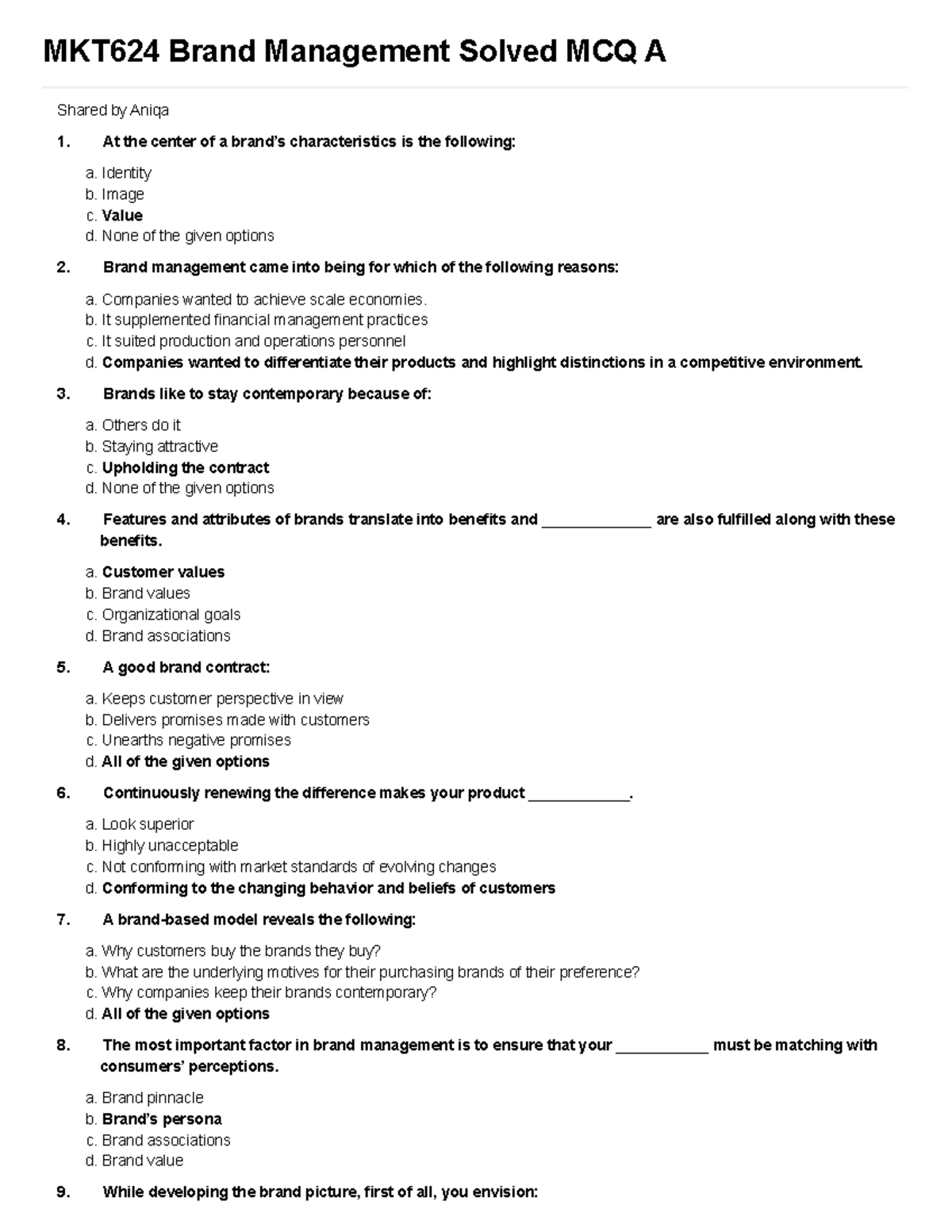 MKT624 Brand Management Final Exam Solved MCQs - Studocu