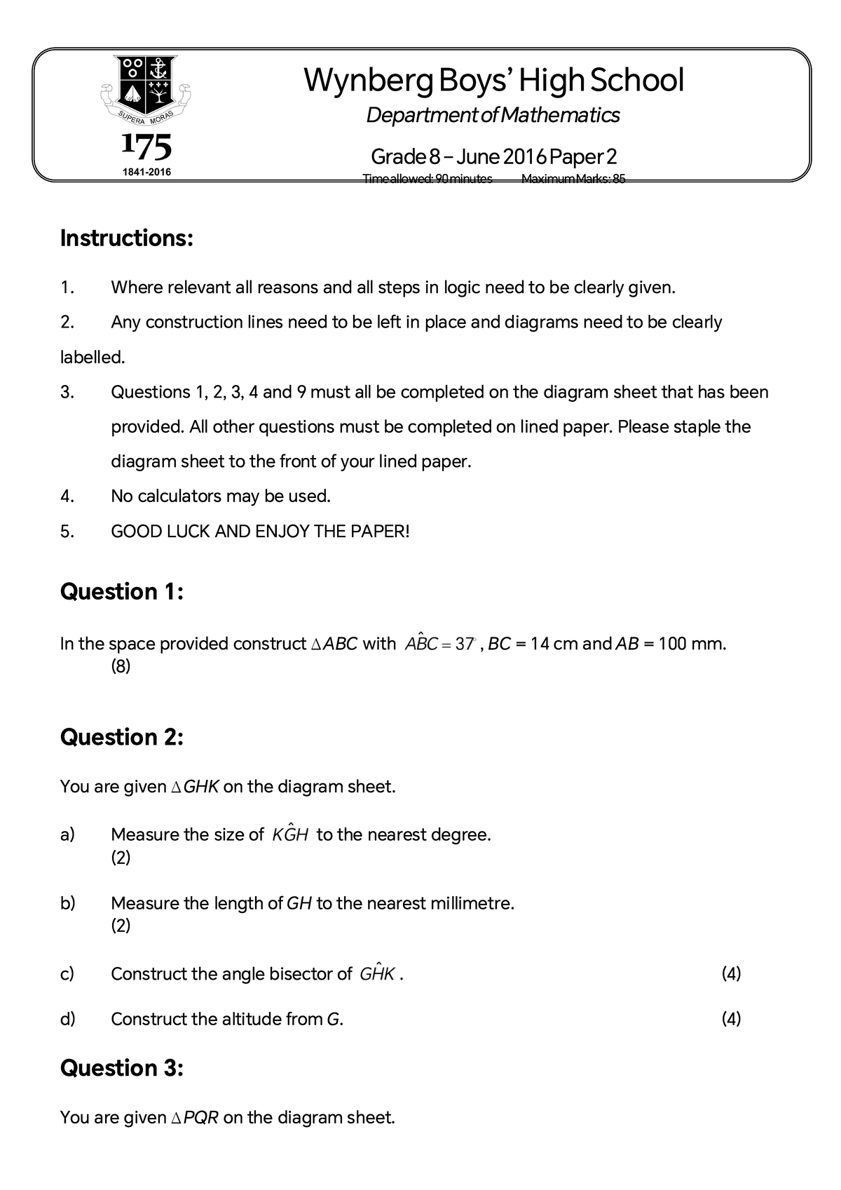 WBHS Grade 8 June 2016 Paper 2 Exam Instructions and Questions - Studocu
