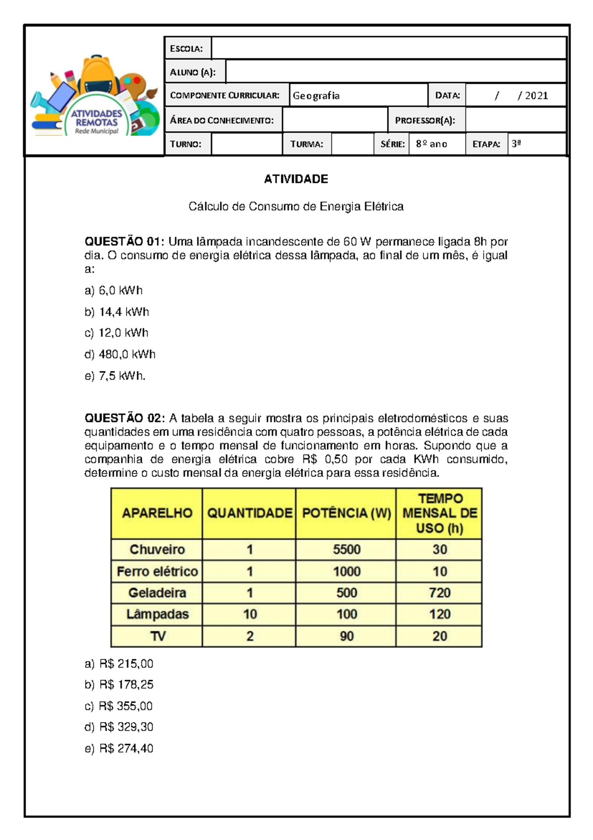 Atividade de Cálculo de Consumo de Energia Elétrica - 8º Ano - Studocu
