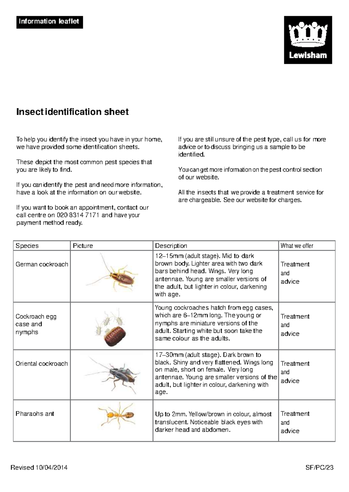 Insect Identification Sheet: Common Household Pests Guide - Studocu