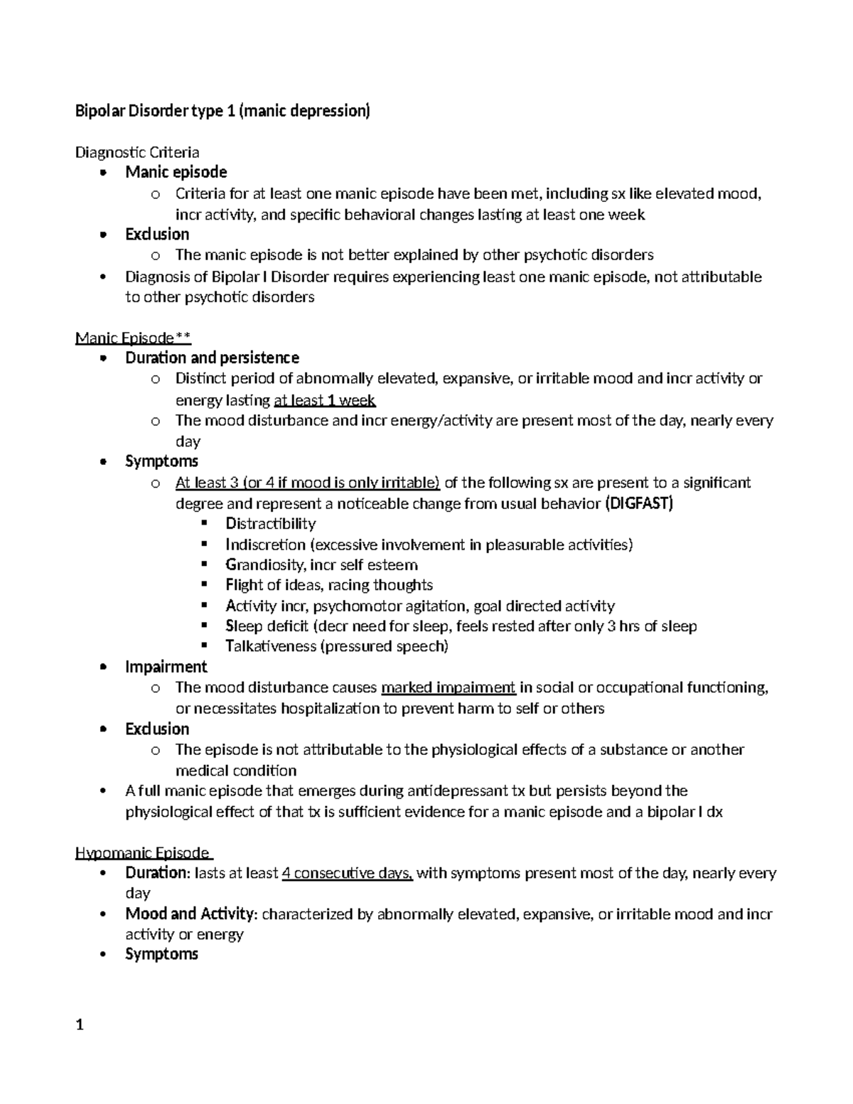 Module 4 disorders - Disorder notes from DSM5 - Bipolar Disorder type 1 ...