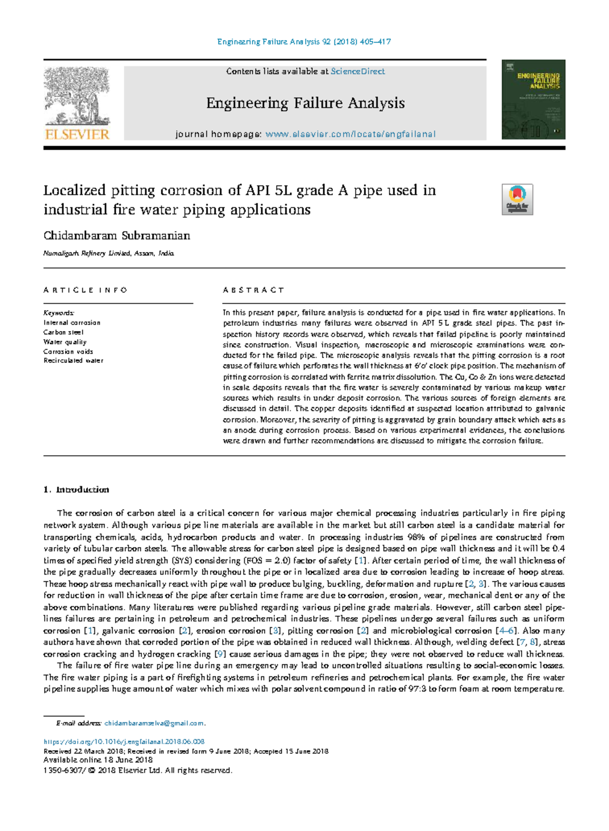 Localized Pitting Corrosion Analysis of API 5L Grade A Pipe in Fire ...