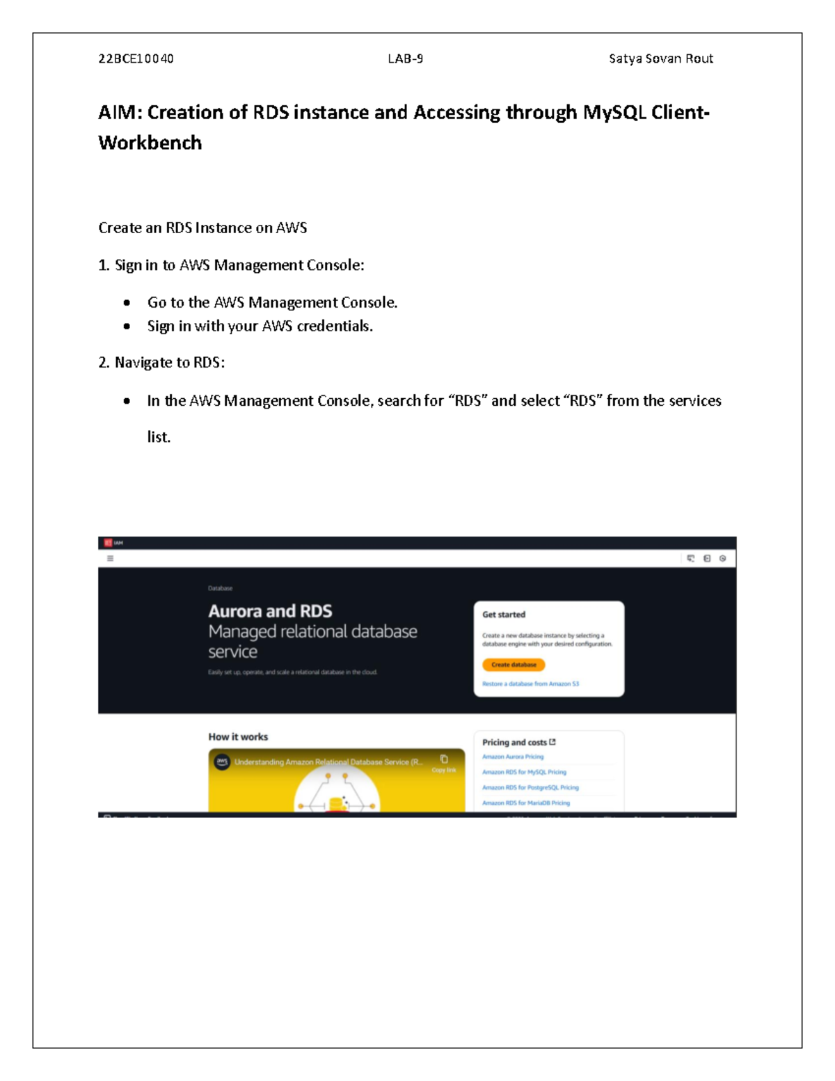 22BCE10040 Lab 9: Creating and Accessing RDS Instance via MySQL - Studocu