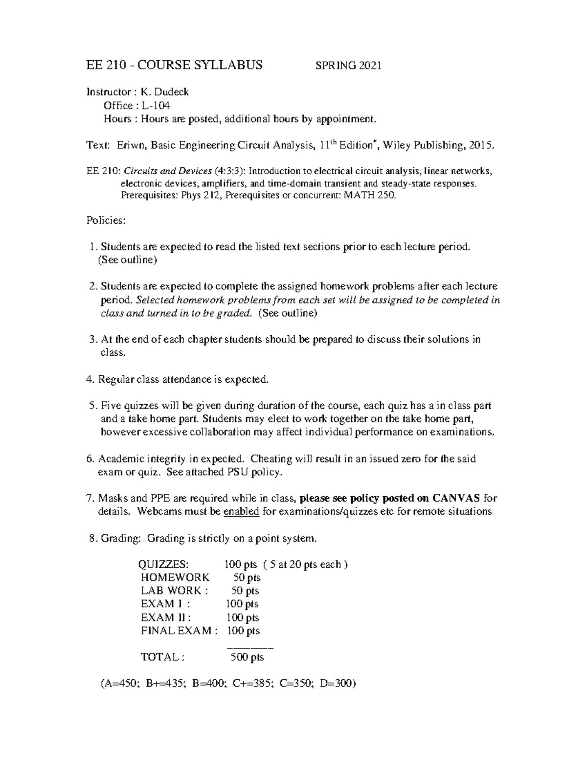 EE210 Course Syllabus - Circuits and Devices, Spring 2021 - Studocu