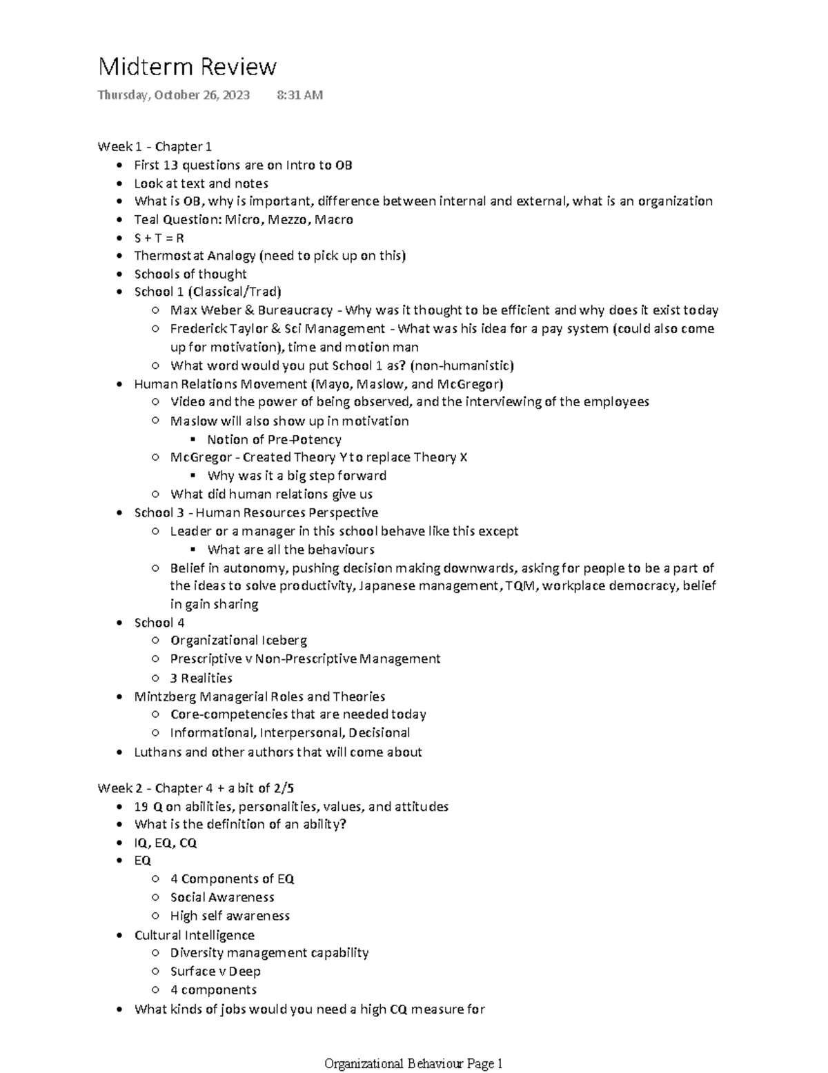 Midterm Review: Organizational Behavior Concepts and Theories - Studocu