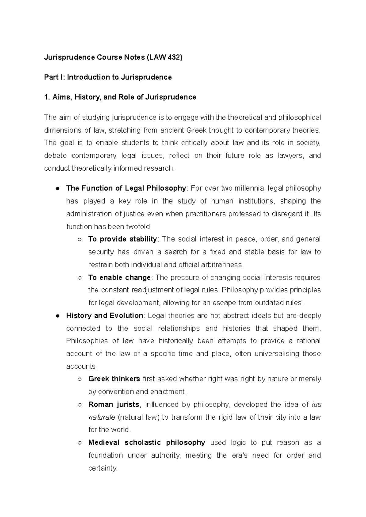 Jurisprudence Course Notes (LAW 432) - Part I & II Overview - Studocu