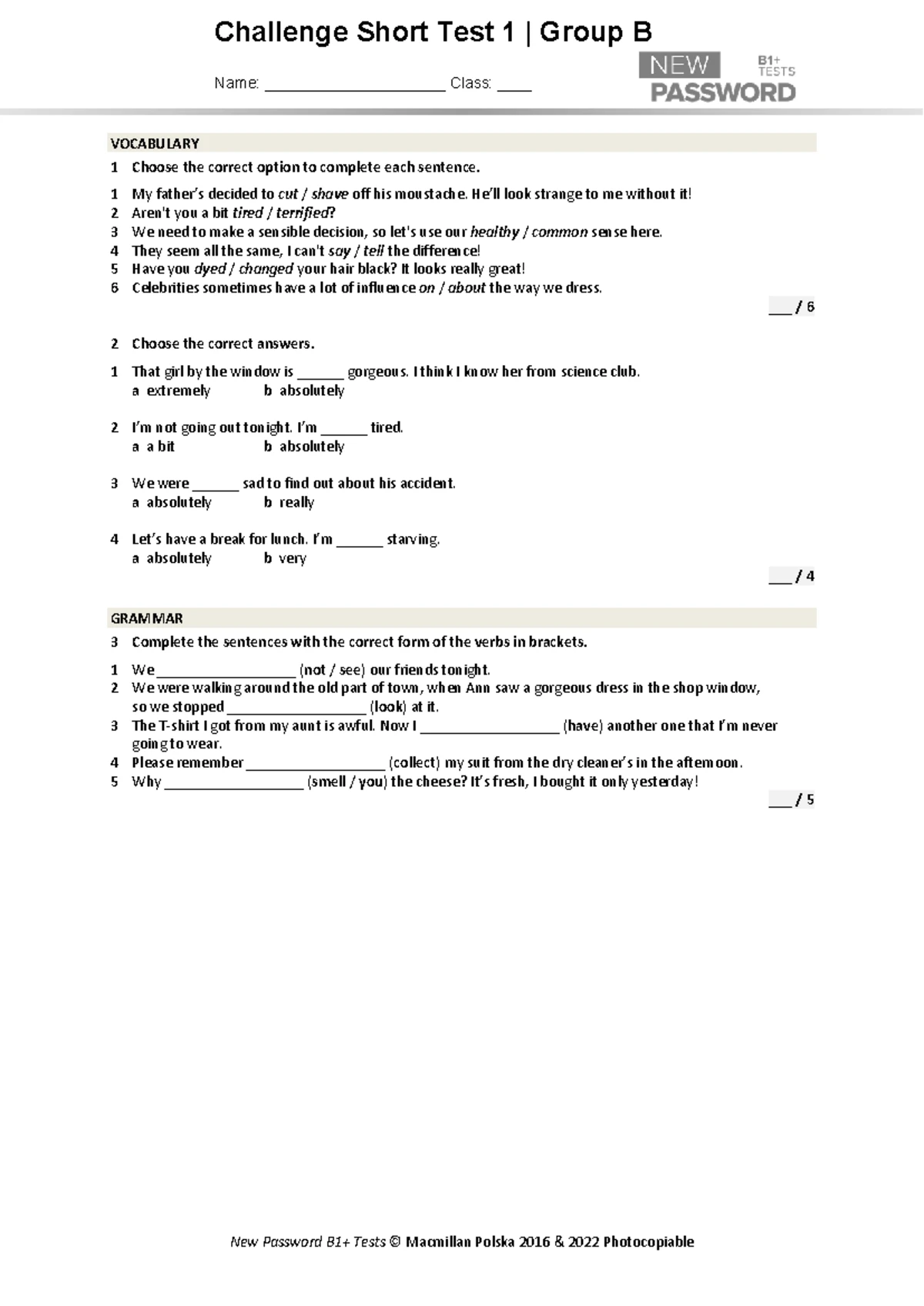 New Password B1+ CST 1A - Vocabulary & Grammar Short Test - Studocu