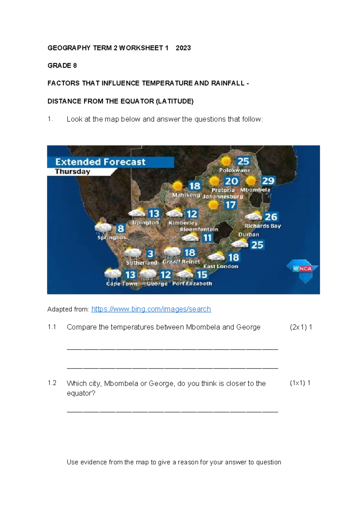 GEOGRAPHY GRADE 8 TERM 2 WORKSHEETS 2023: TEMPERATURE & RAINFALL ...