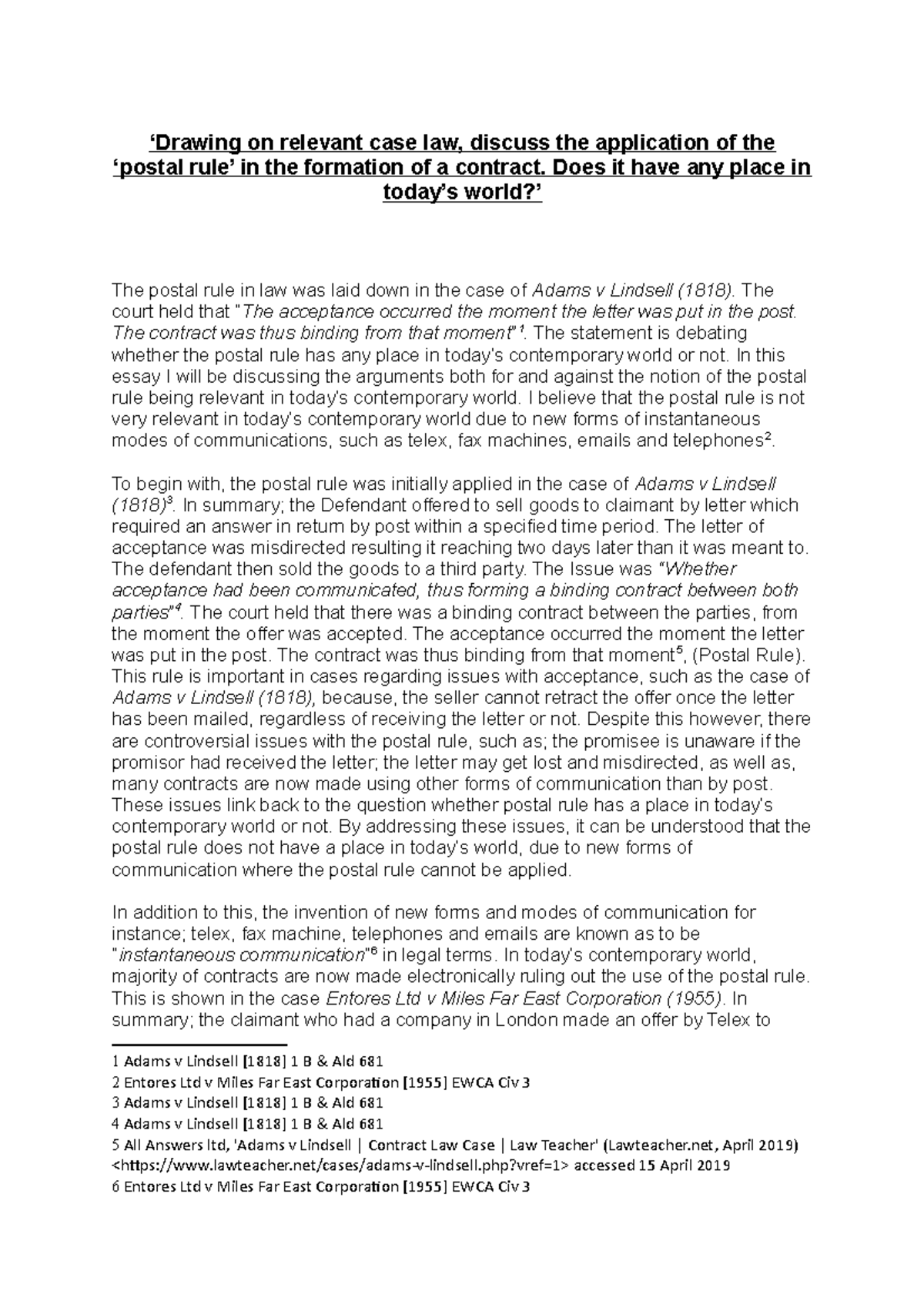 Contract Law Essay (LAW101): Analyzing the Relevance of the Postal Rule ...