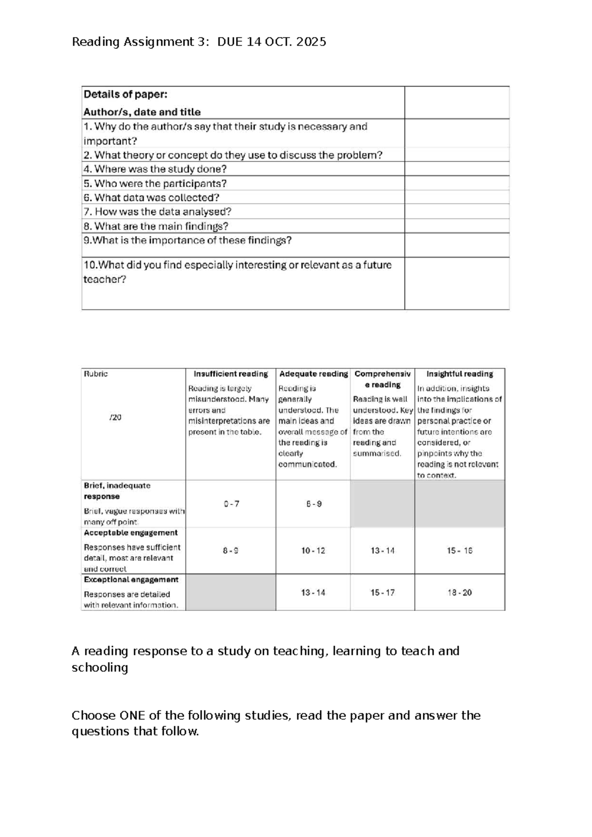 Reading Assignment 3: Response to Teaching Study - Studocu