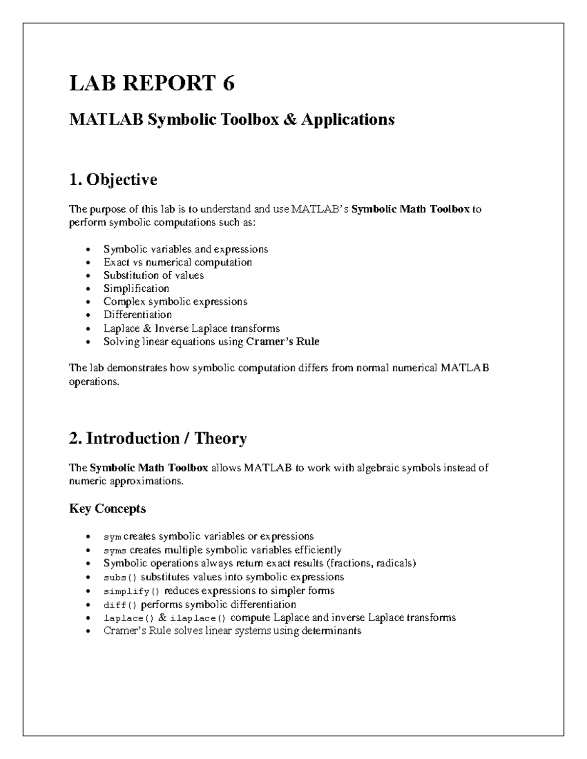 LAB Report 6 - MATLAB Symbolic Toolbox Applications Notes - Studocu