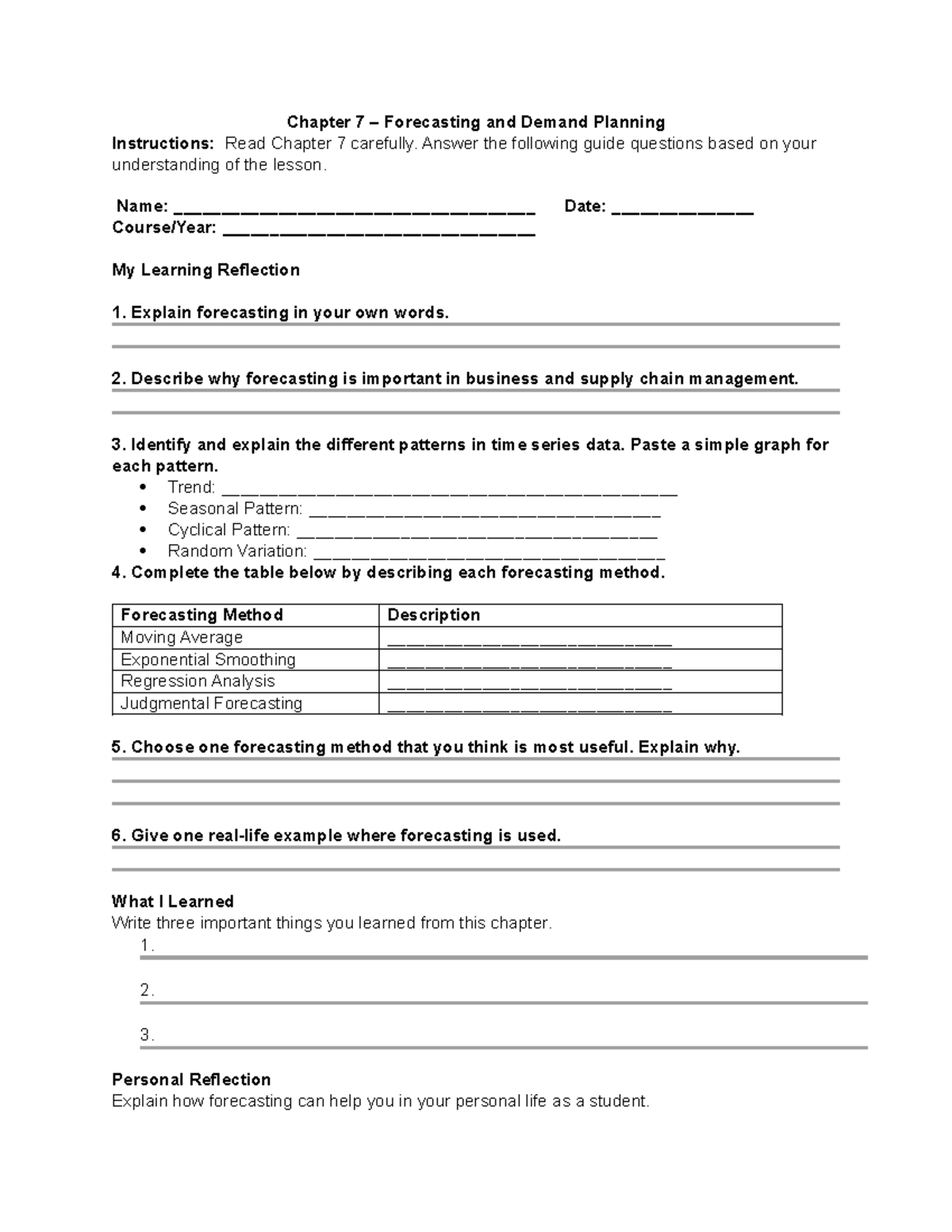 Chapter 7 - Forecasting & Demand Planning Activity Instructions - Studocu