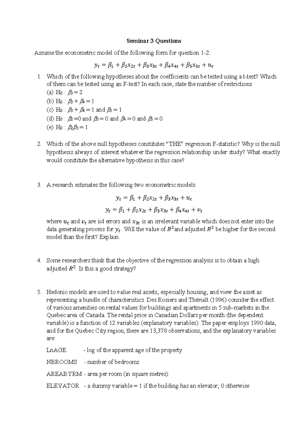 Seminar 3 Econometric Model Questions and Analysis - Studocu