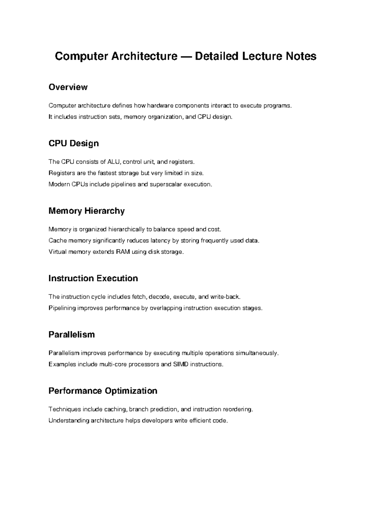 Lecture Notes on Computer Architecture: Key Concepts and Techniques ...