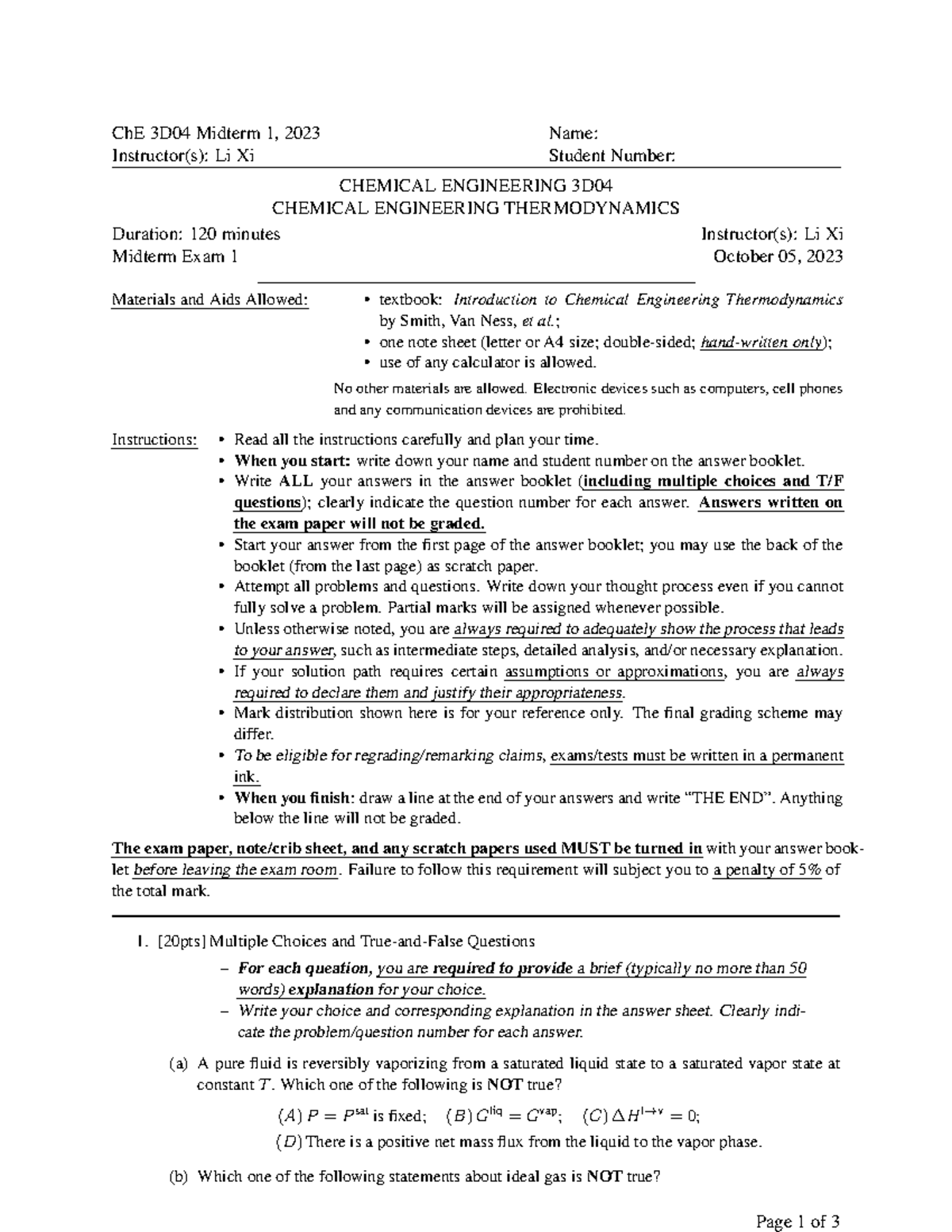 ChE 3D04 Midterm 1 Solutions, October 2023 Exam Review - Studocu