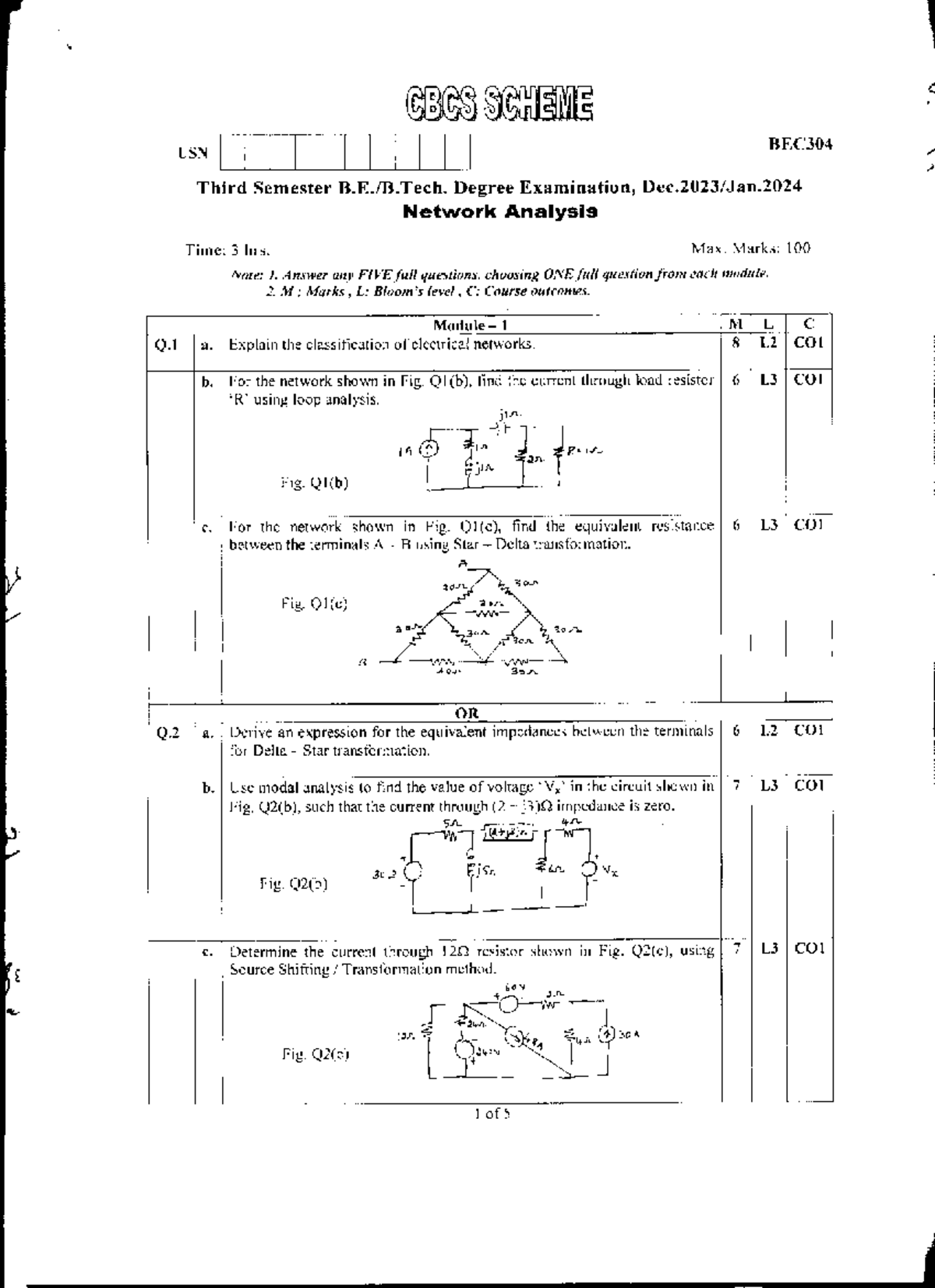 BEC304 Third Semester Network Analysis - Jan 2024 Previous Year ...