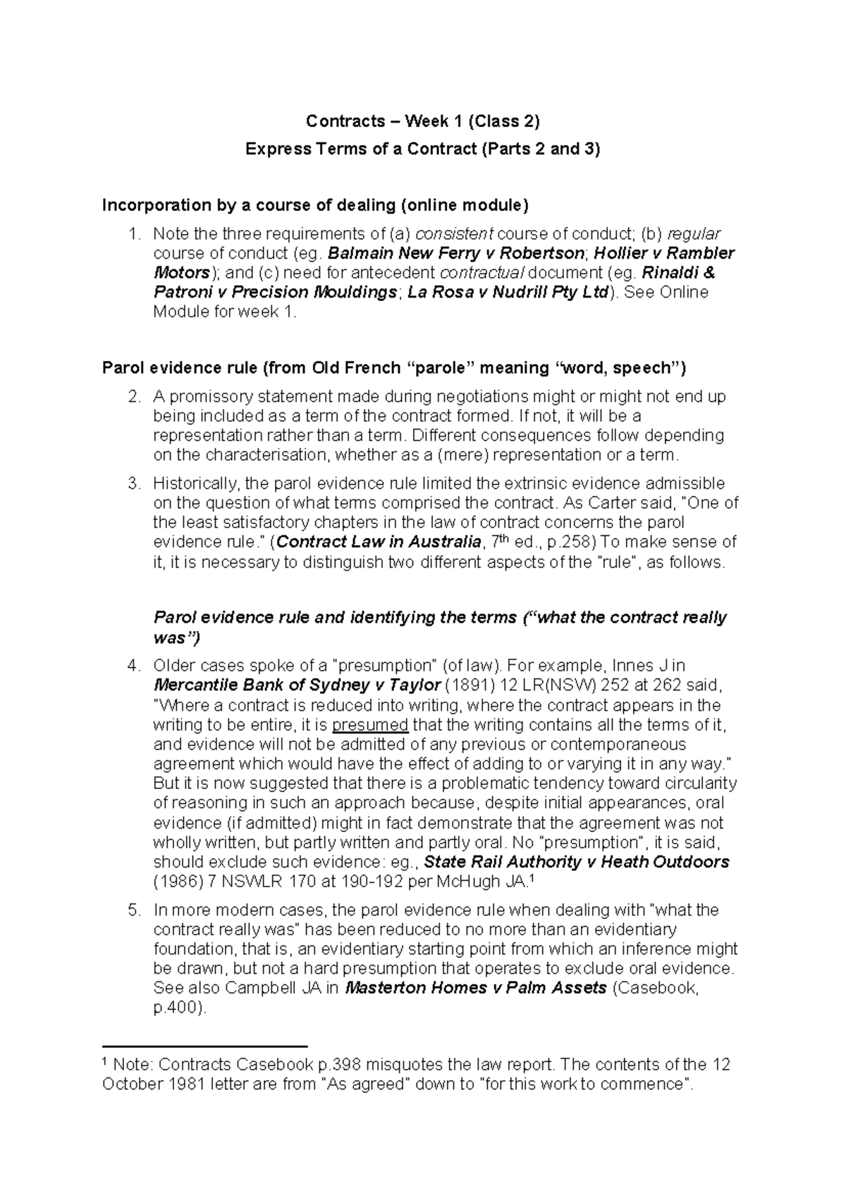 Contracts Outline - Week 1 (Class 2) Express Terms & Parol Evidence ...