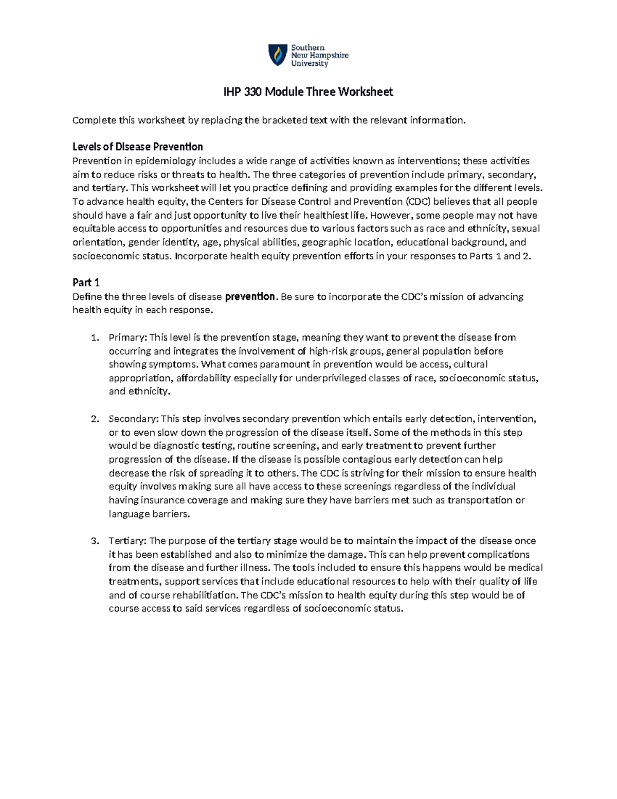 IHP 330 Module 3 Worksheet: Levels of Disease Prevention Explained ...