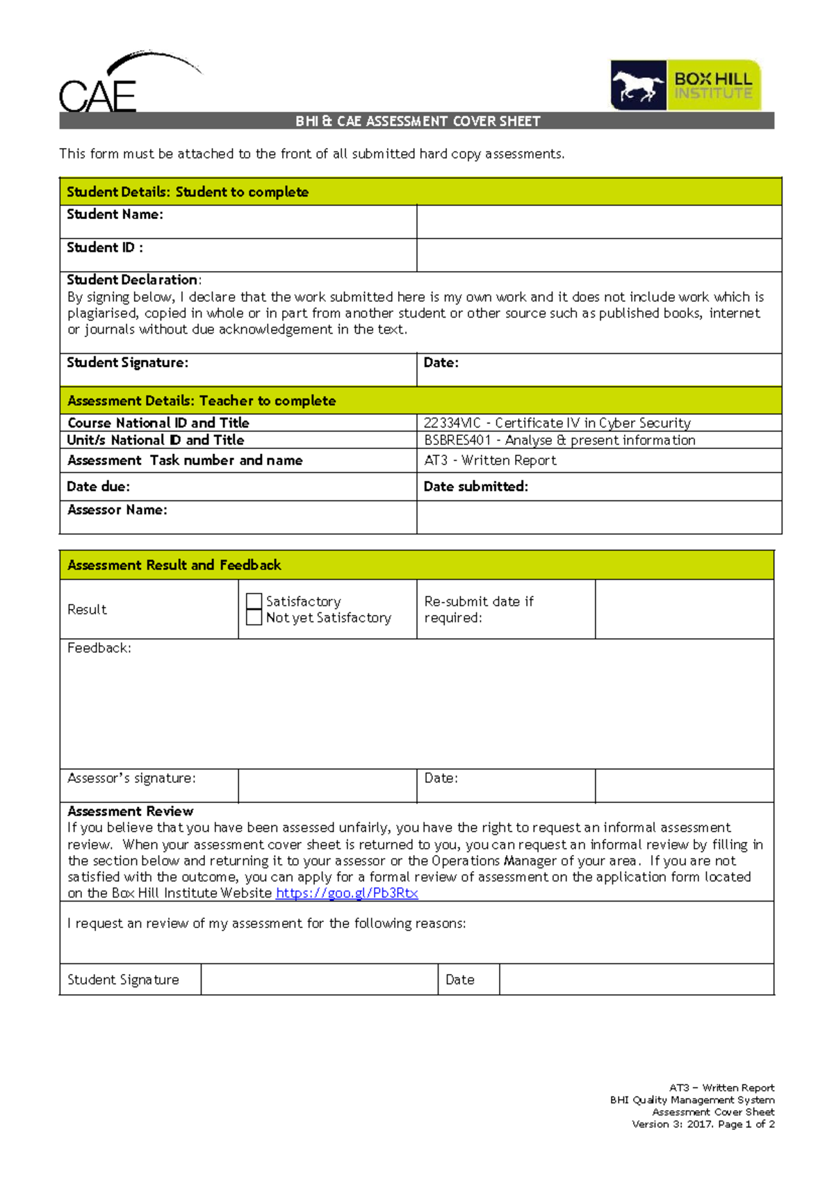 AT3 - Written Report Bsbres 401 - BHI & CAE ASSESSMENT COVER SHEET This ...