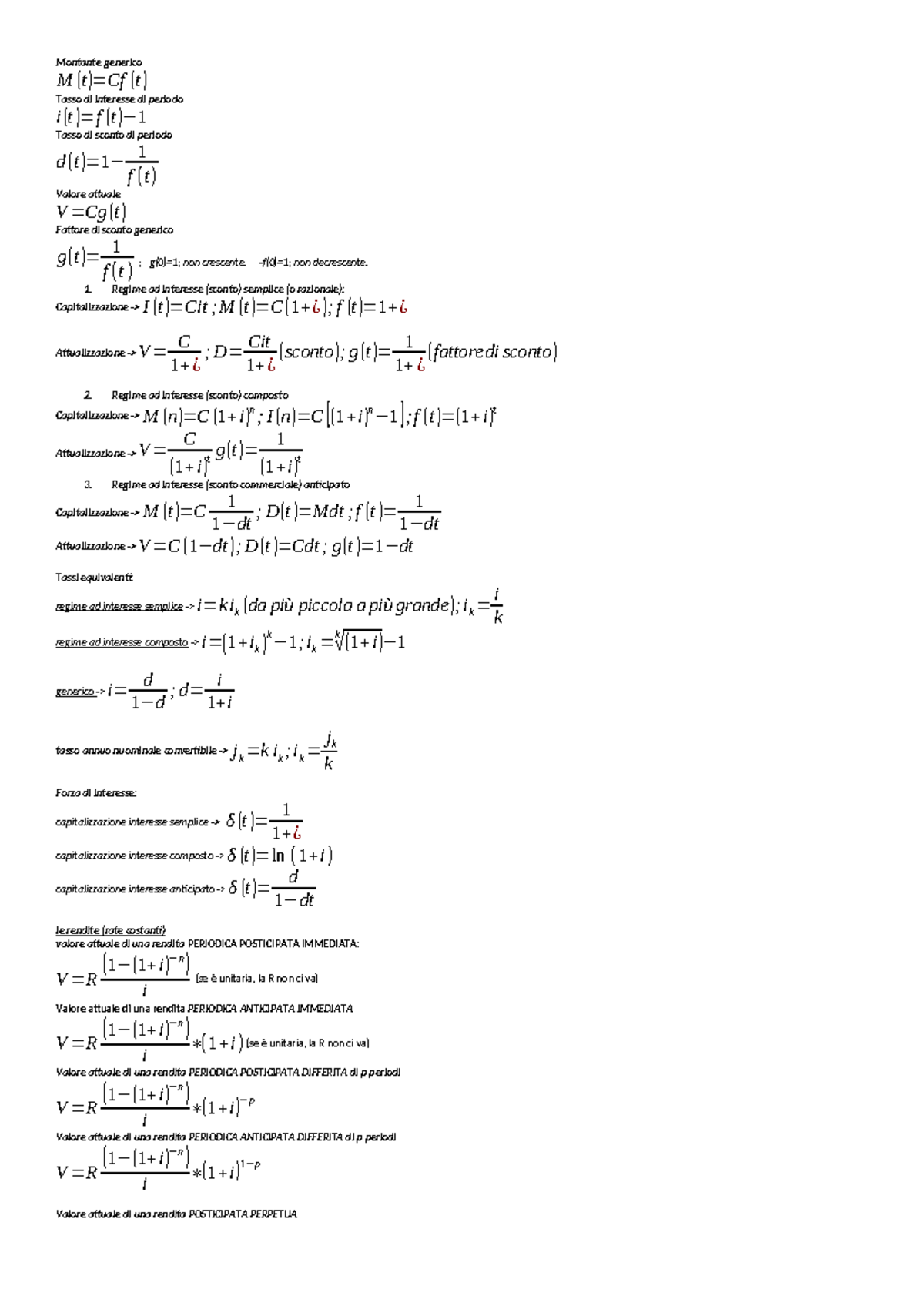 Formulari di Matematica Finanziaria: Montante e Sconti (MF101) - Studocu