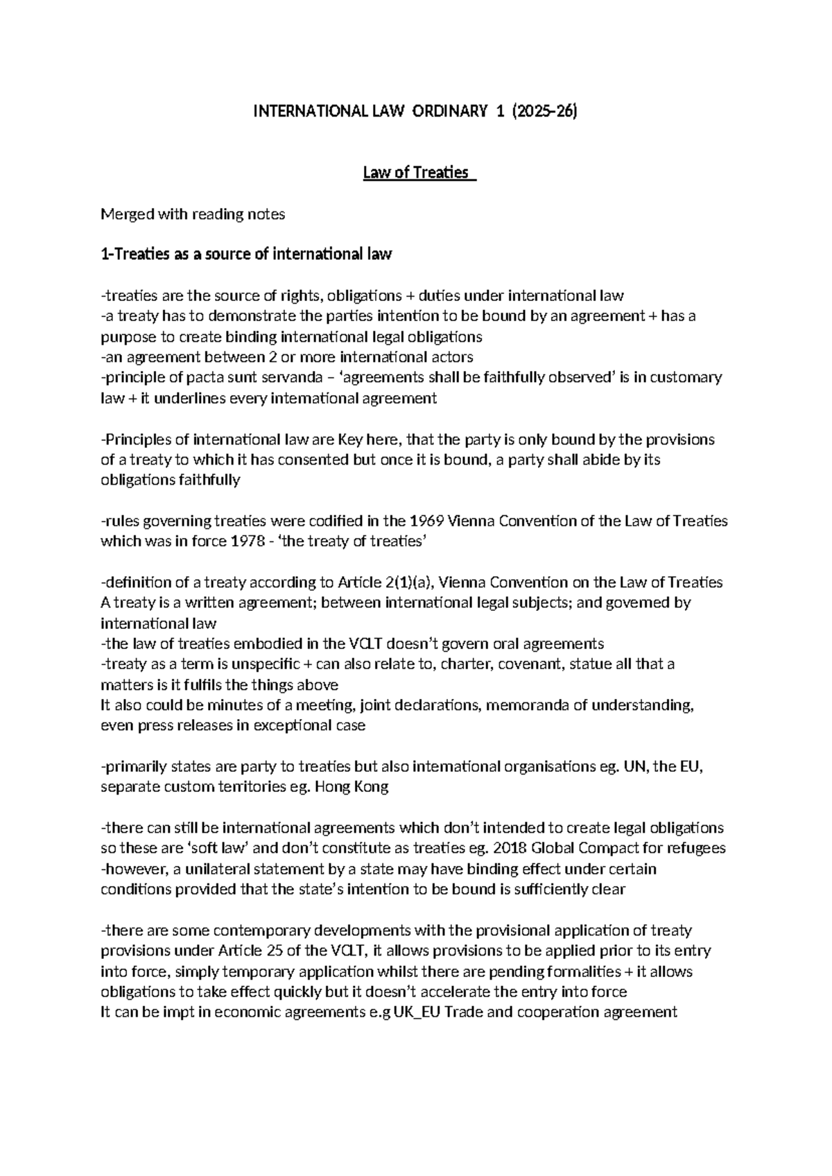 INTL LAW ORDINARY 1: Law of Treaties Lecture Notes Summary - Studocu