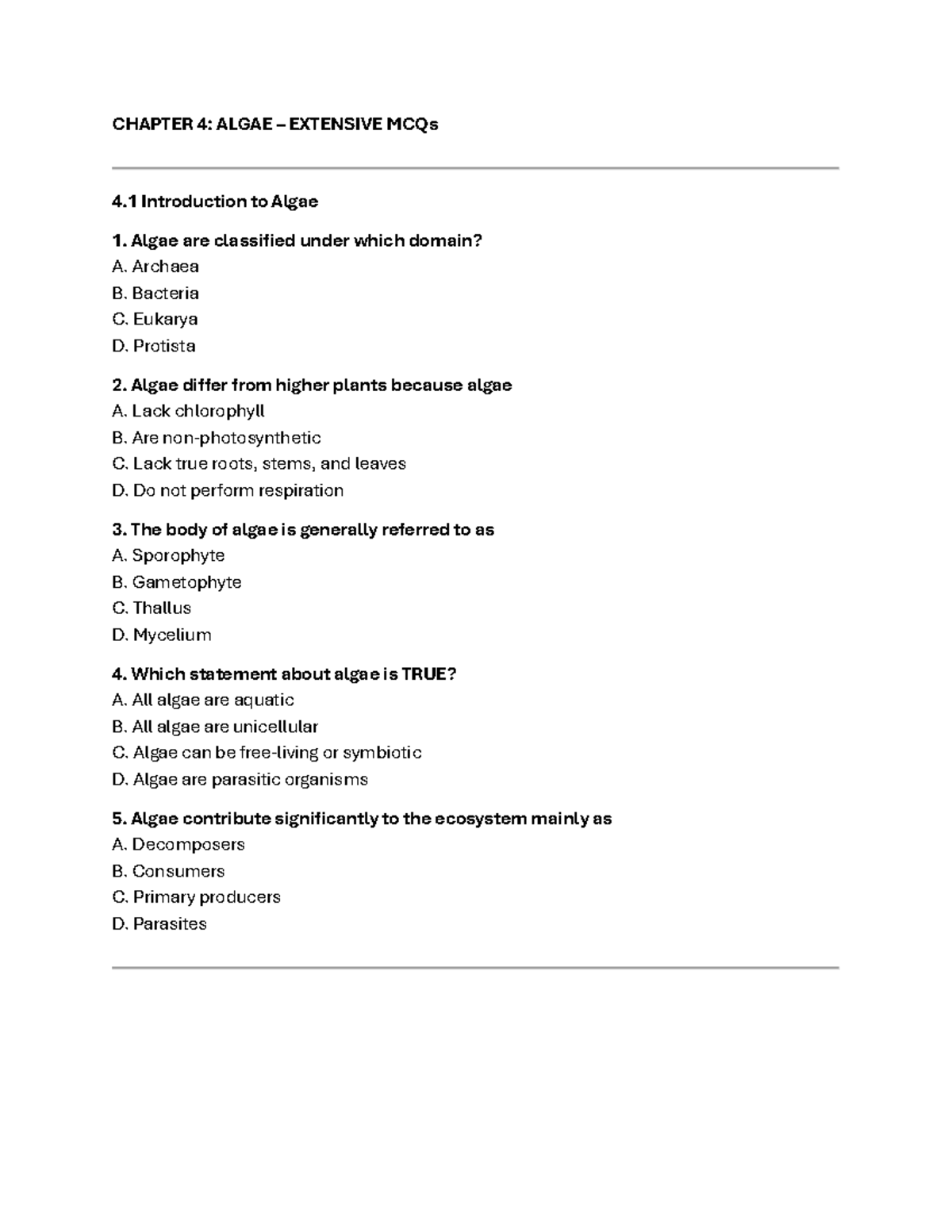 MIC462 CHAPTER 4: EXTENSIVE MCQs ON ALGAE AND THEIR ECOLOGY - Studocu
