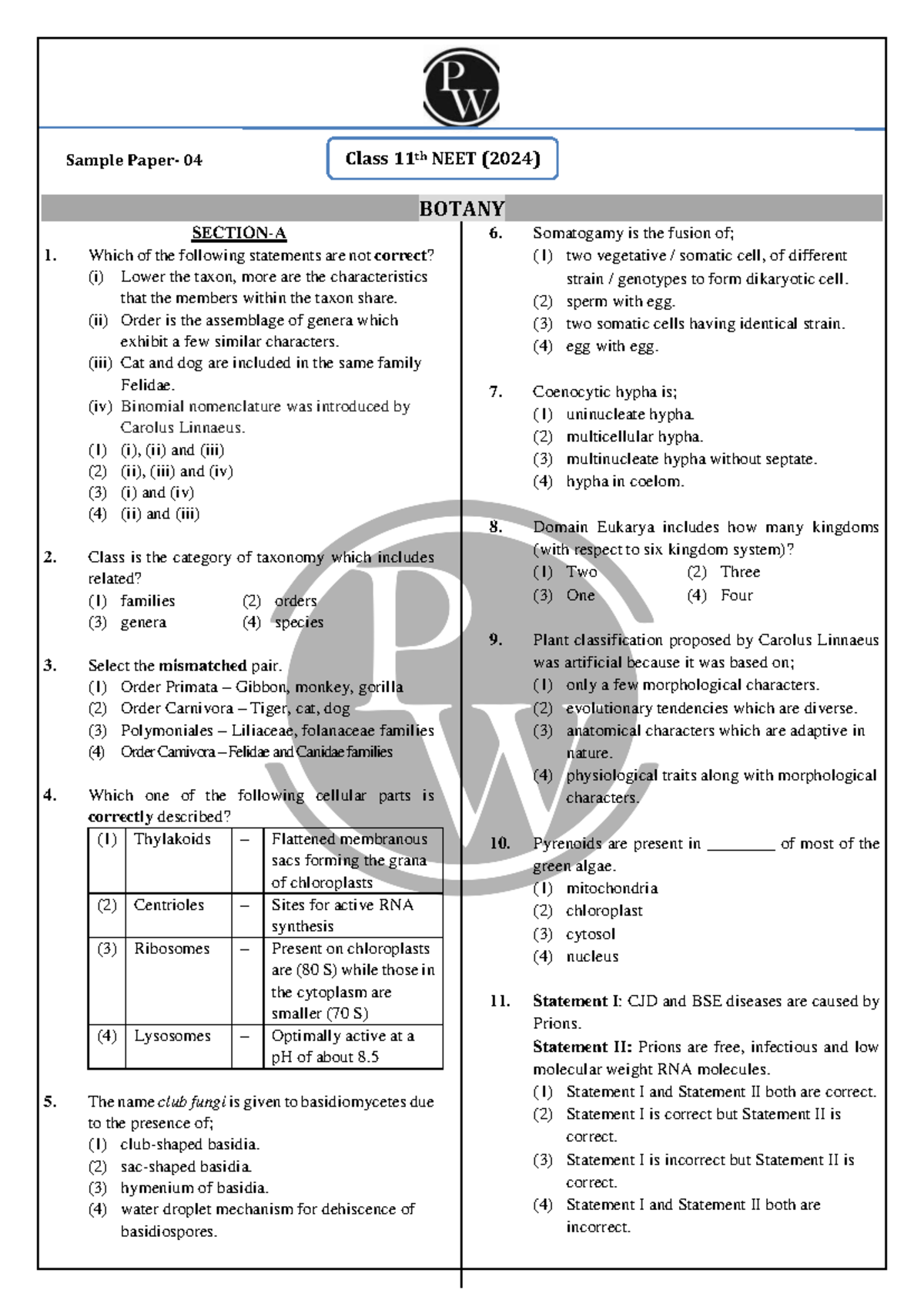 NEET (2024) Class 11 Botany Sample Questions and Answers - Studocu