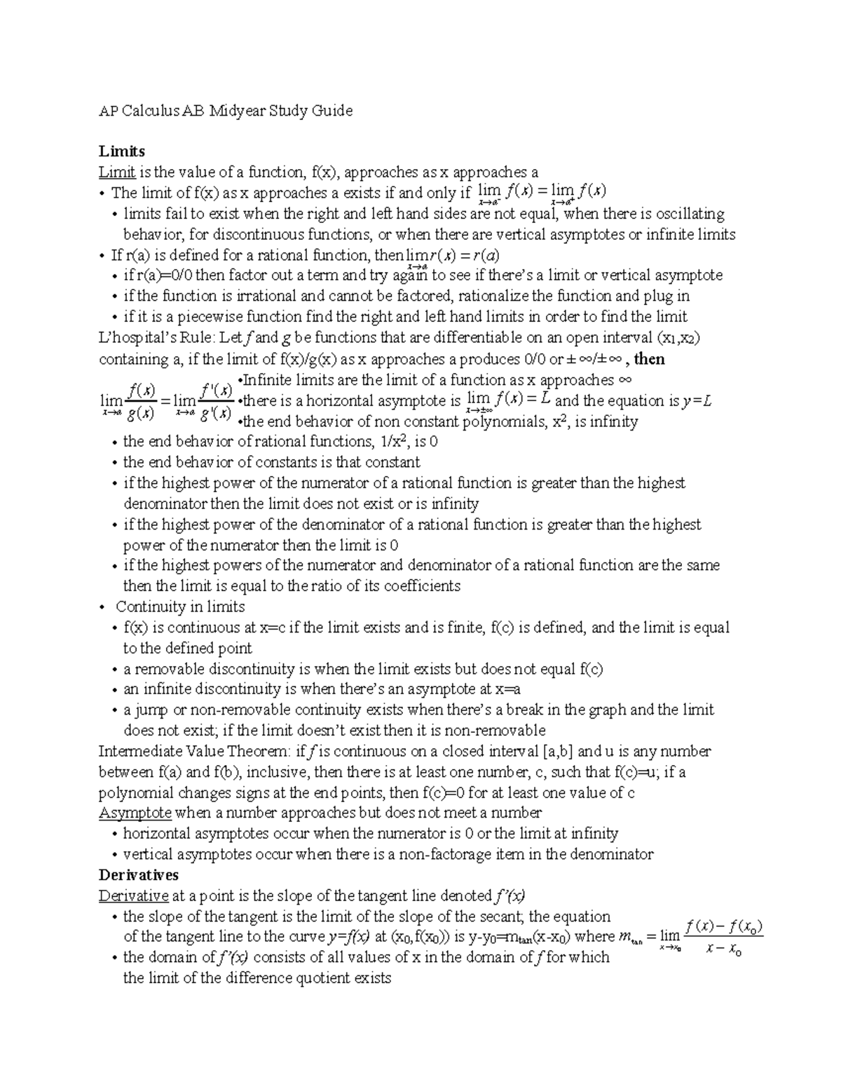 AP Calculus AB Midyear Study Guide: Understanding Limits and ...