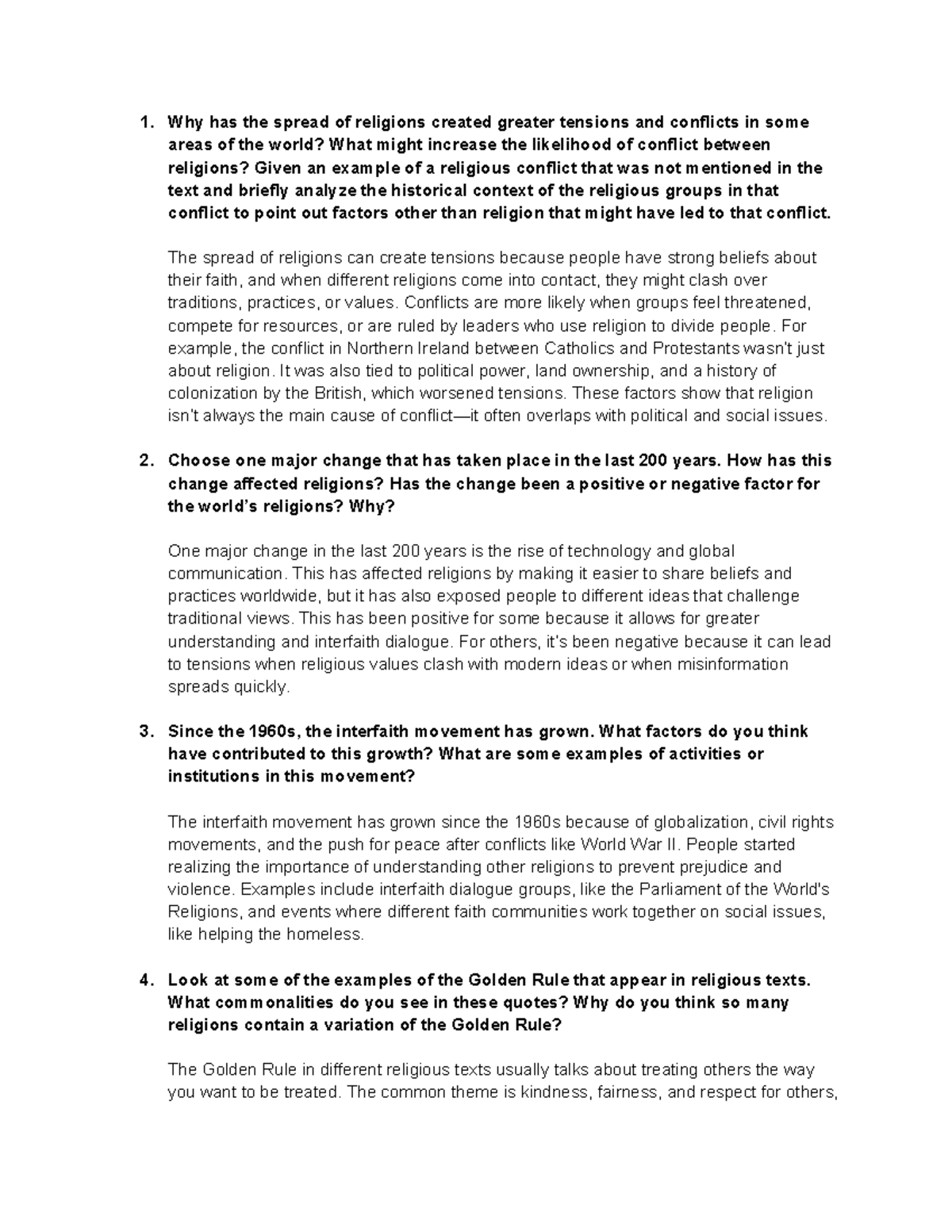 Unit 10 Critical Thinking Questions on Religion and Society - Ethan ...