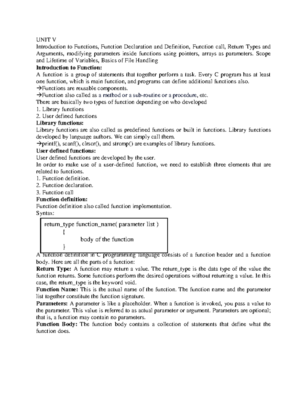 785067008 UNIT V Functions, Pointers, and File Handling in C - Studocu