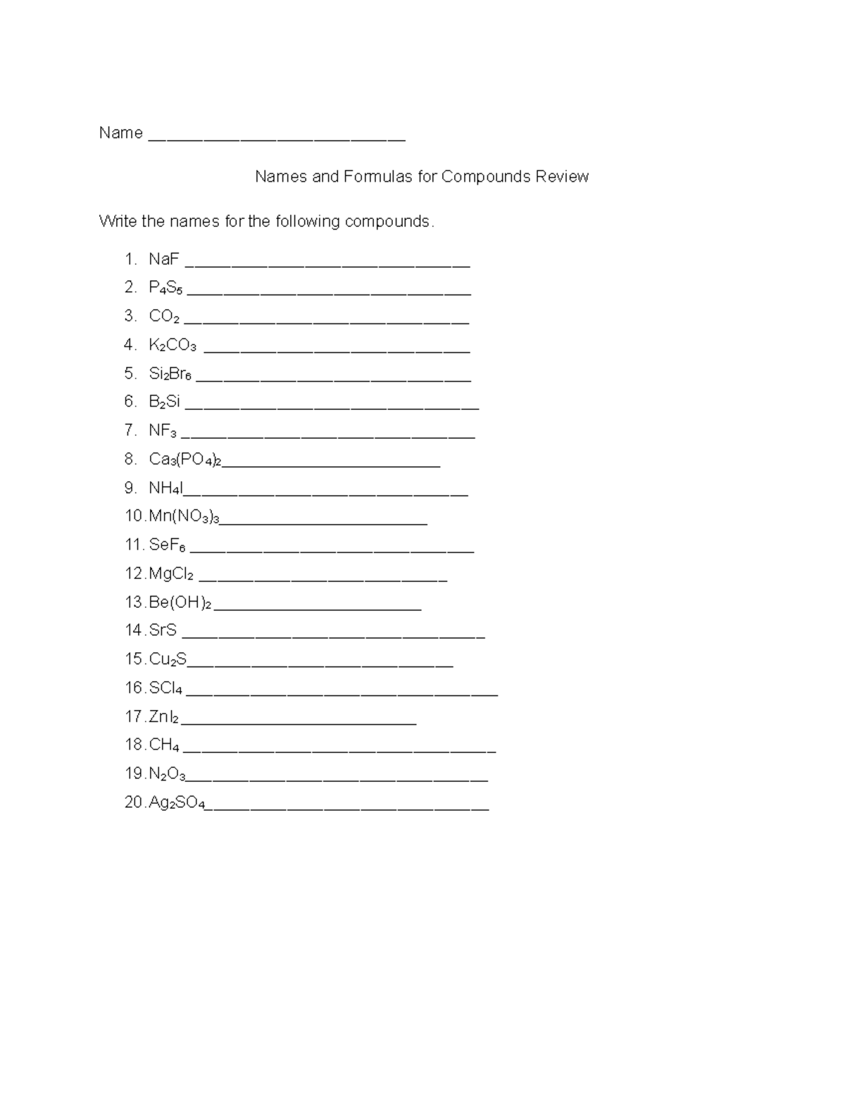 Nomenclature Review: Names & Formulas for Compounds - Studocu