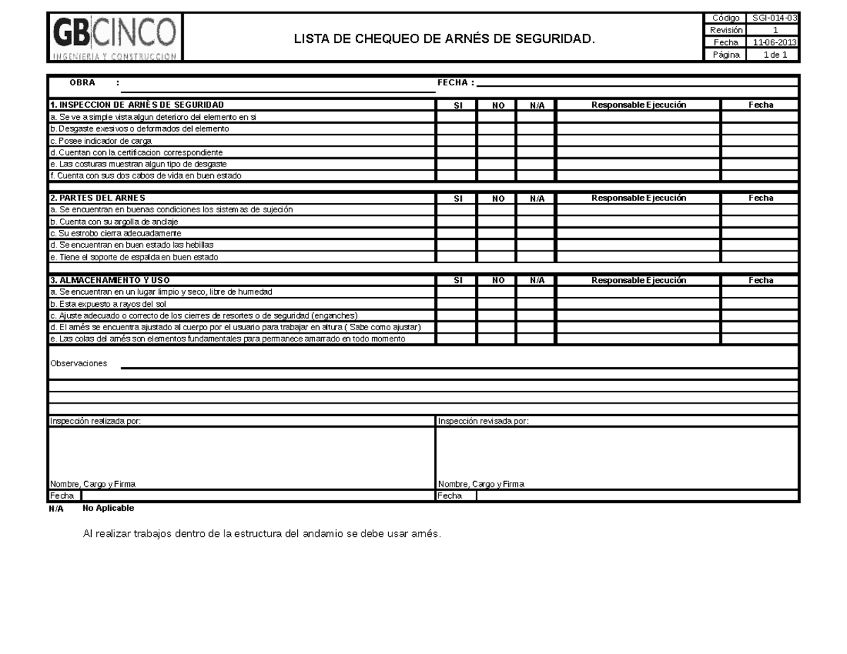 Check List Arnes Seguridad - LISTA DE CHEQUEO DE ARNÉS DE SEGURIDAD
