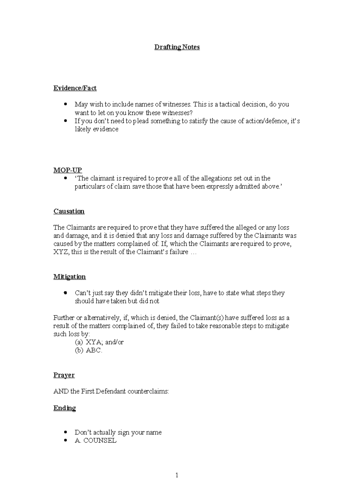 Drafting Notes for Legal Pleadings and Counterclaims - Studocu