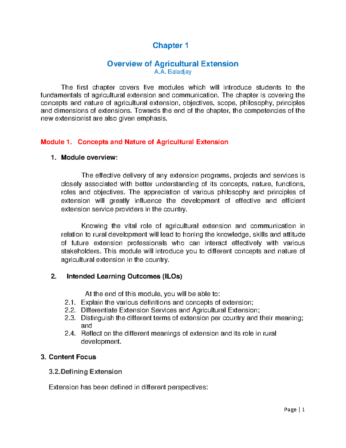 Module 1 Concepts and Nature of Agricultural Extension - Chapter 1 ...