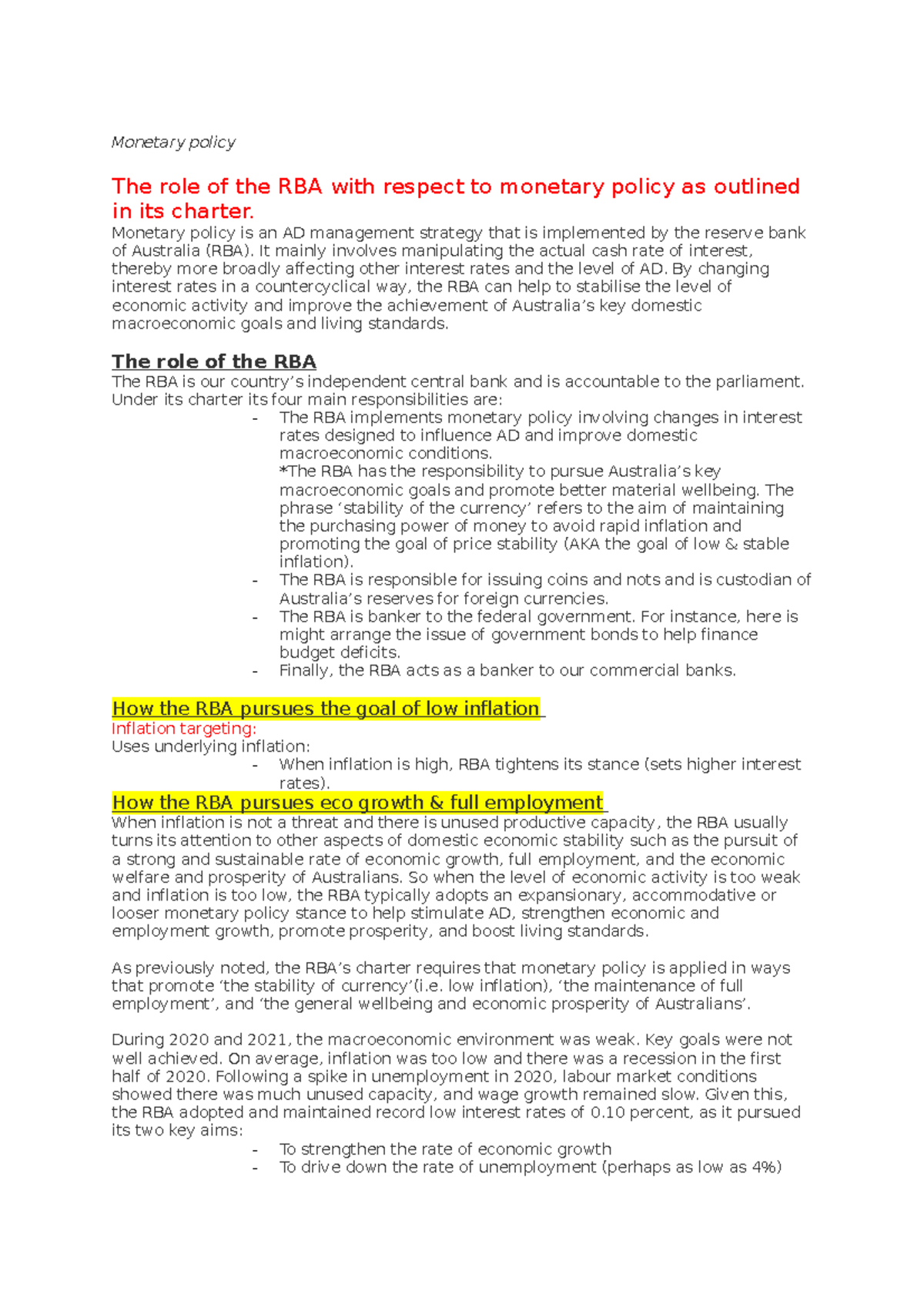 Economics Unit 4: The Role of RBA in Monetary Policy & AD Management ...