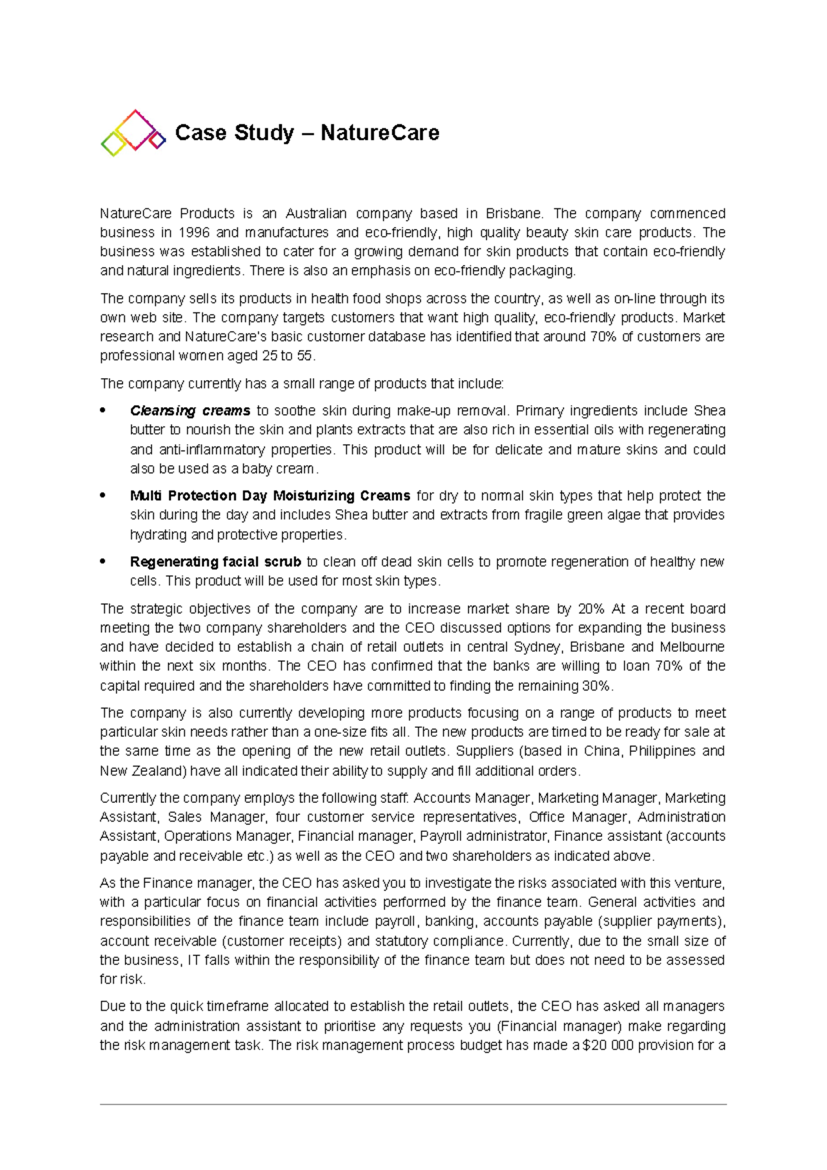 Bsbops 504 Case Study: Risk Management for NatureCare Products - Studocu