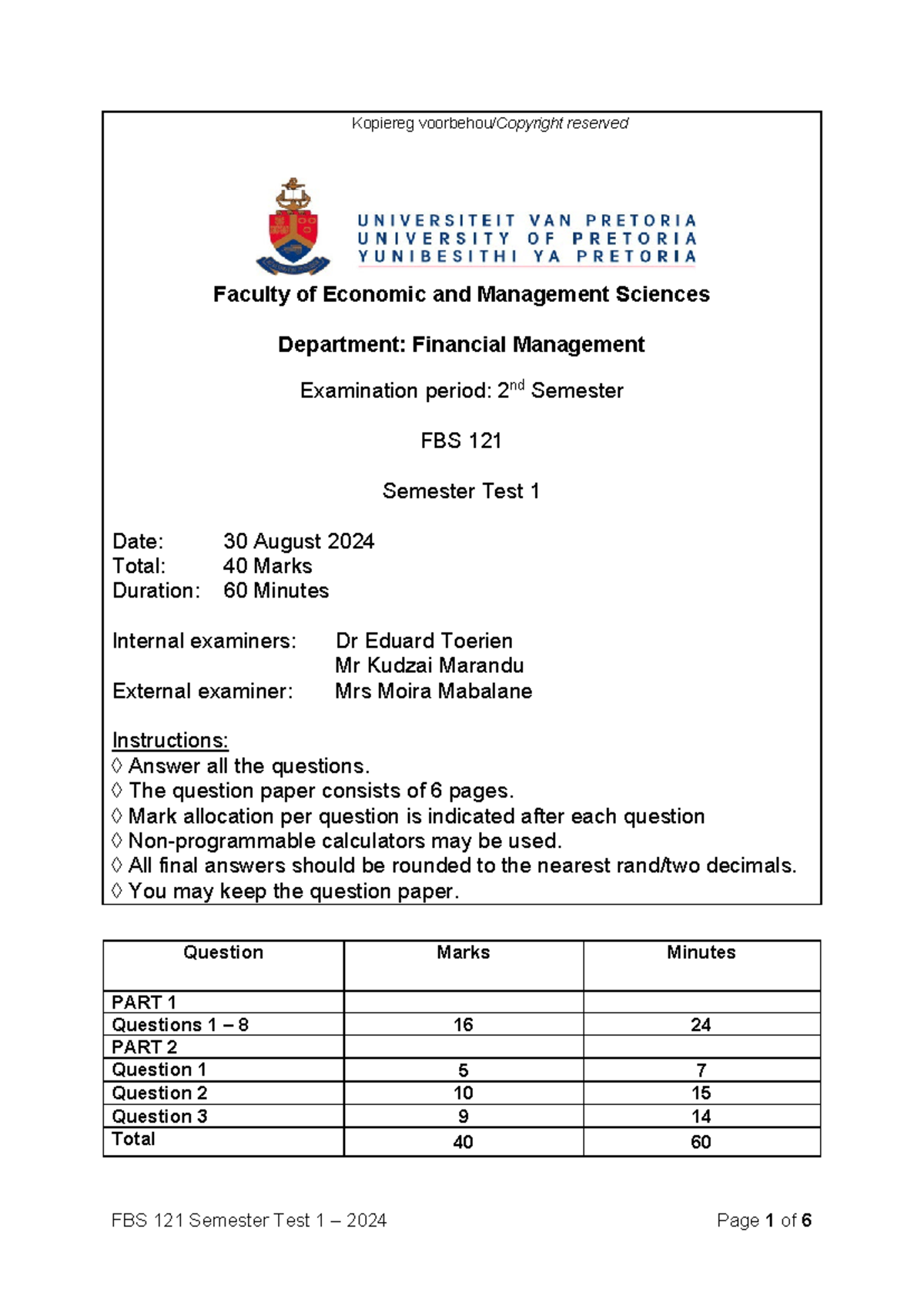 FBS 121 Semester Test 1 2024: Financial Management Exam Paper - Studocu
