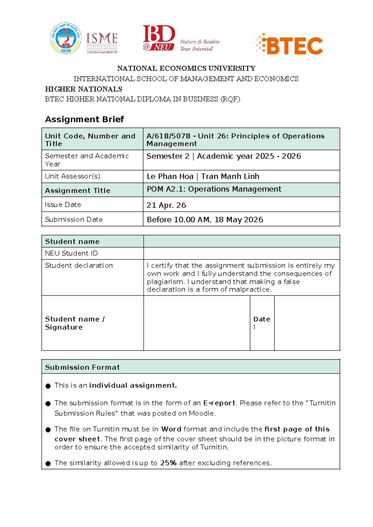 POM A2.1: Operations Management Assignment Brief - Sem 2, 2025-2026 ...