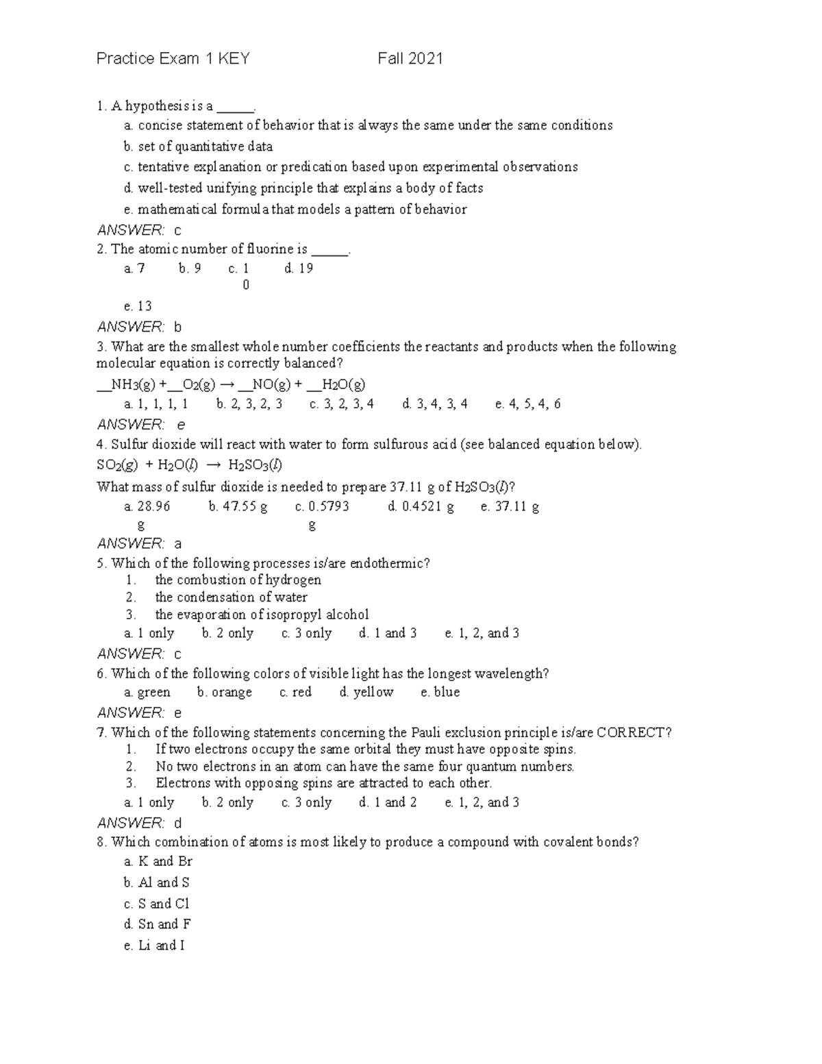 Practice Exam 1 KEY for Chemistry (CHEM101) - Fall 2021 - Studocu