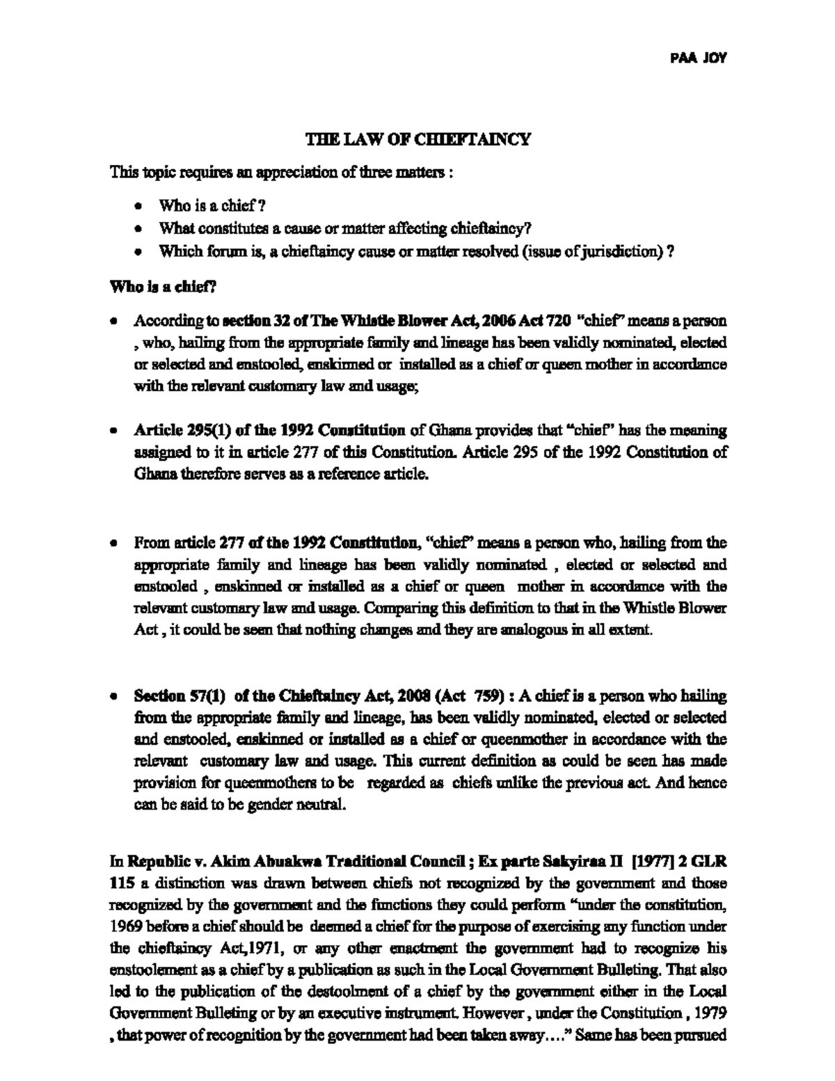 PAA 101: Overview of Chieftaincy Law in Ghana - Lecture 5 Notes - Studocu