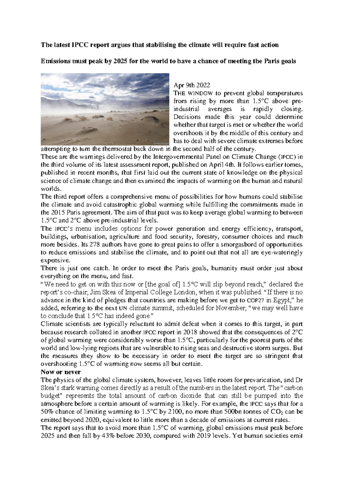 Article IPPCC report - The latest IPCC report argues that stabilising ...